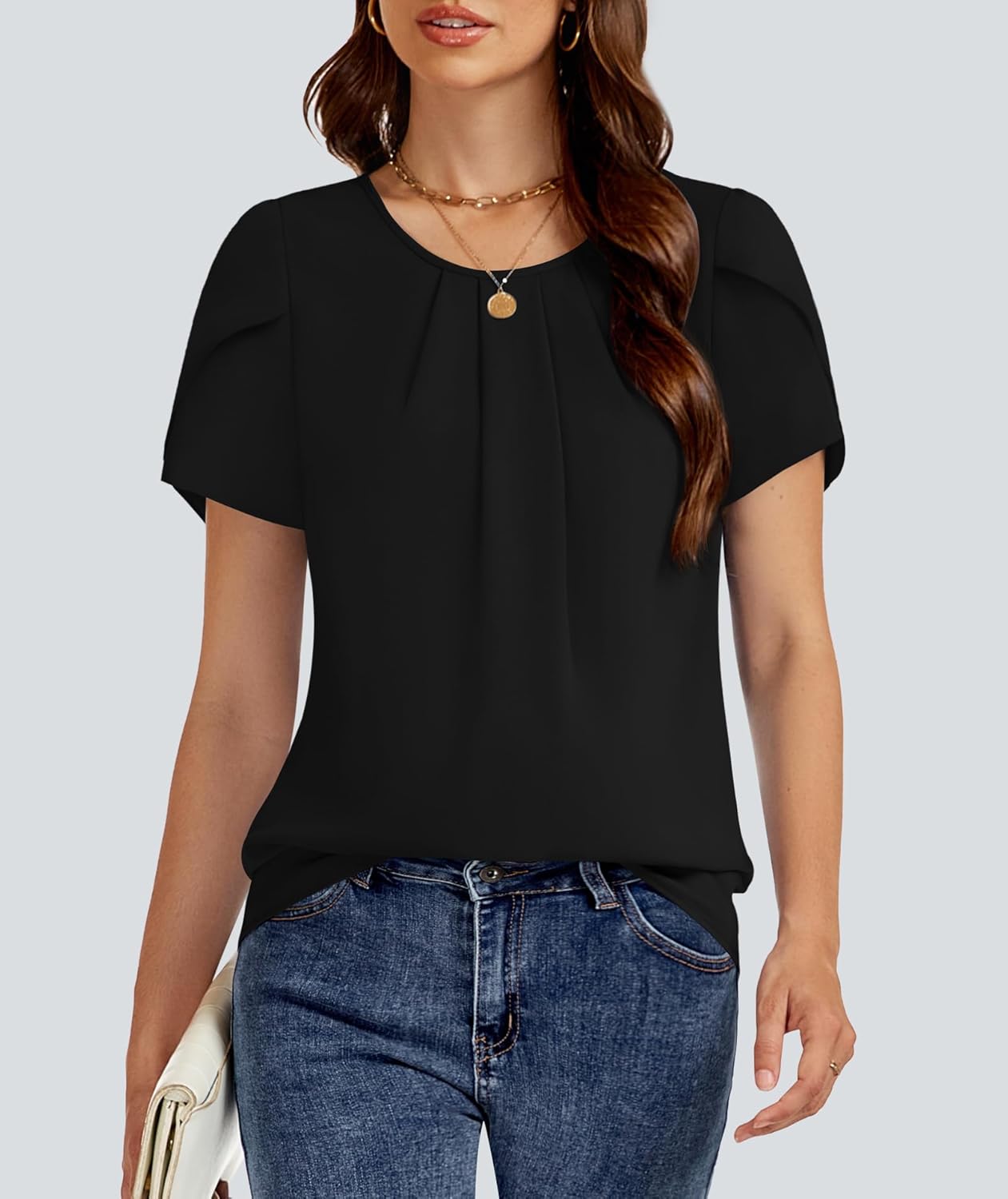 FUNLINGO Womens Tops Dressy Casual Summer Tunic Chiffon Blouse Pleated Front Crew Neck Shirts Loose Fit Business Flowy Top - Image 5