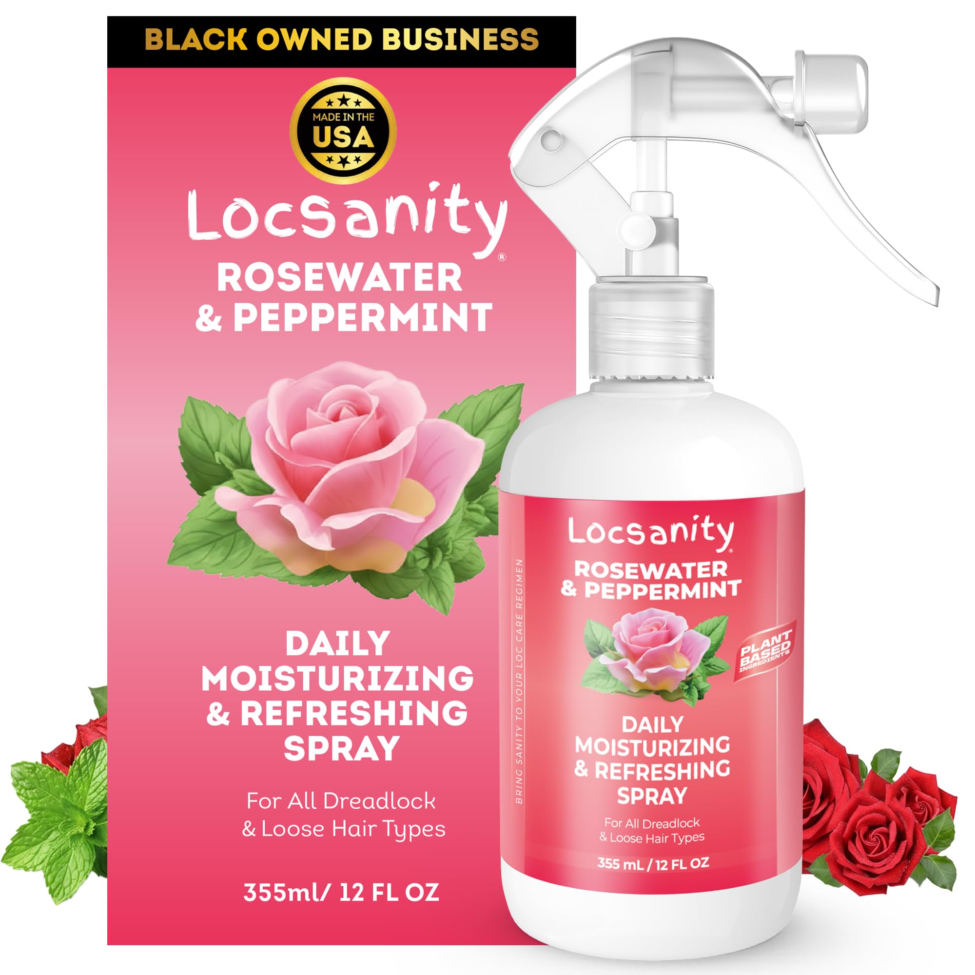 Locsanity Daily Moisturizing Refreshing Spray for Locs, Dreadlocks - Rose Water and Peppermint Hair Scalp Moisturizer, Dreadlock Spray - Natural Loc Care and Maintenance (12oz)