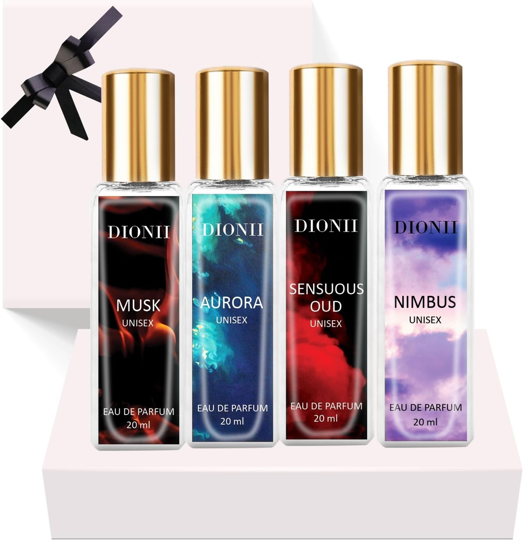 Dionii Eau De Parfum Gift Set for Men and Women | MUSK, AURORA, SENSUOUS OUD, NIMBUS Perfume Set | Long Lasting Fragrance (4 x 20ml Each)