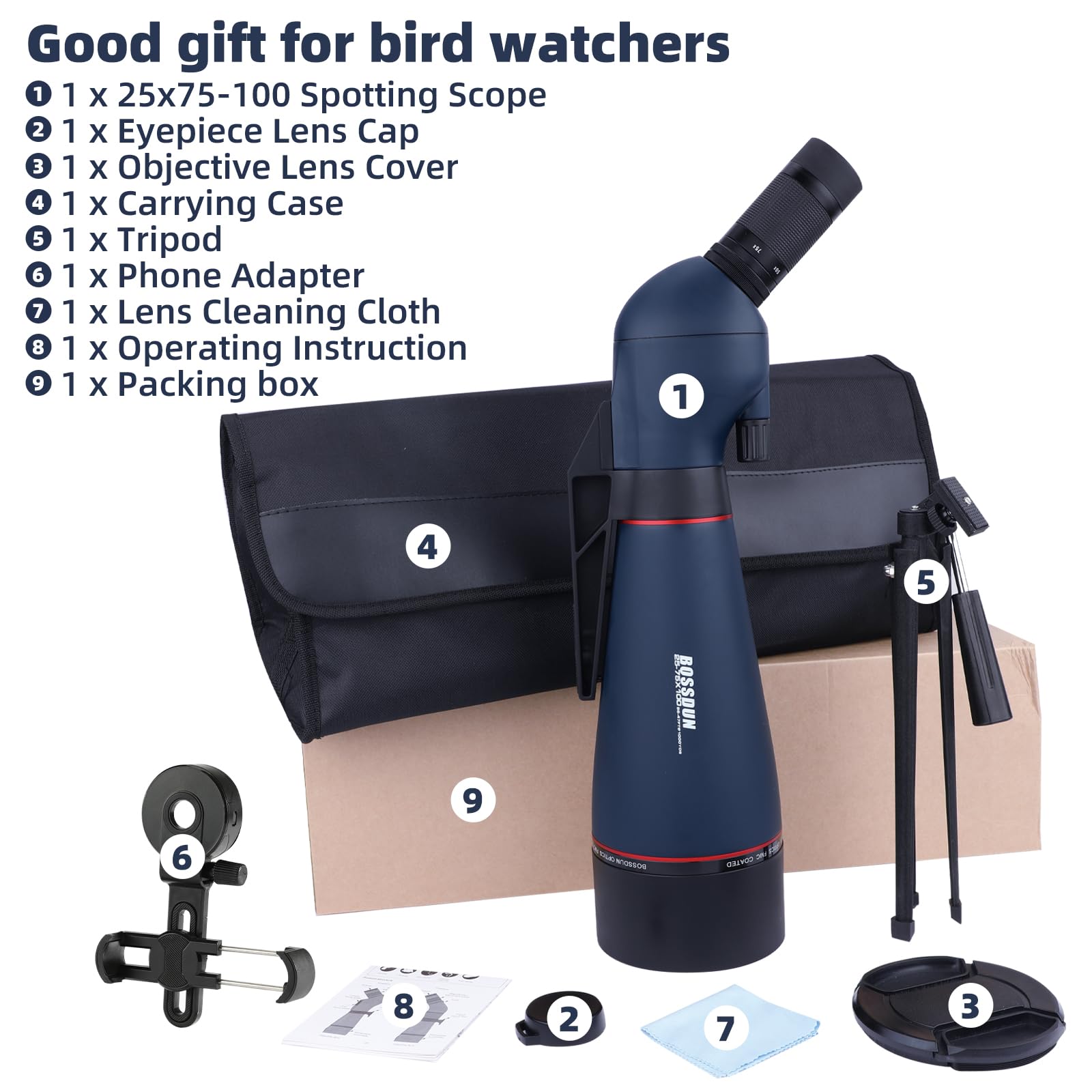 Cannocchiale 25-75x100 con Treppiede, Adattatore per Telefono e Borsa per il Trasporto, BAK4 Cannocchiale Professionale per Caccia, Tiro a Segno, Birdwatchingr il trasporto, per il tiro al bersaglio