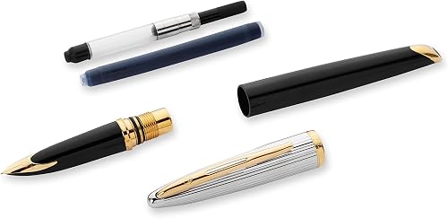 Waterman Carène Deluxe Fountain Pen | Gloss Black & Silver Plated with 23k Gold Clip | Fine Nib with Blue Ink Cartridge | Gift Box - 4