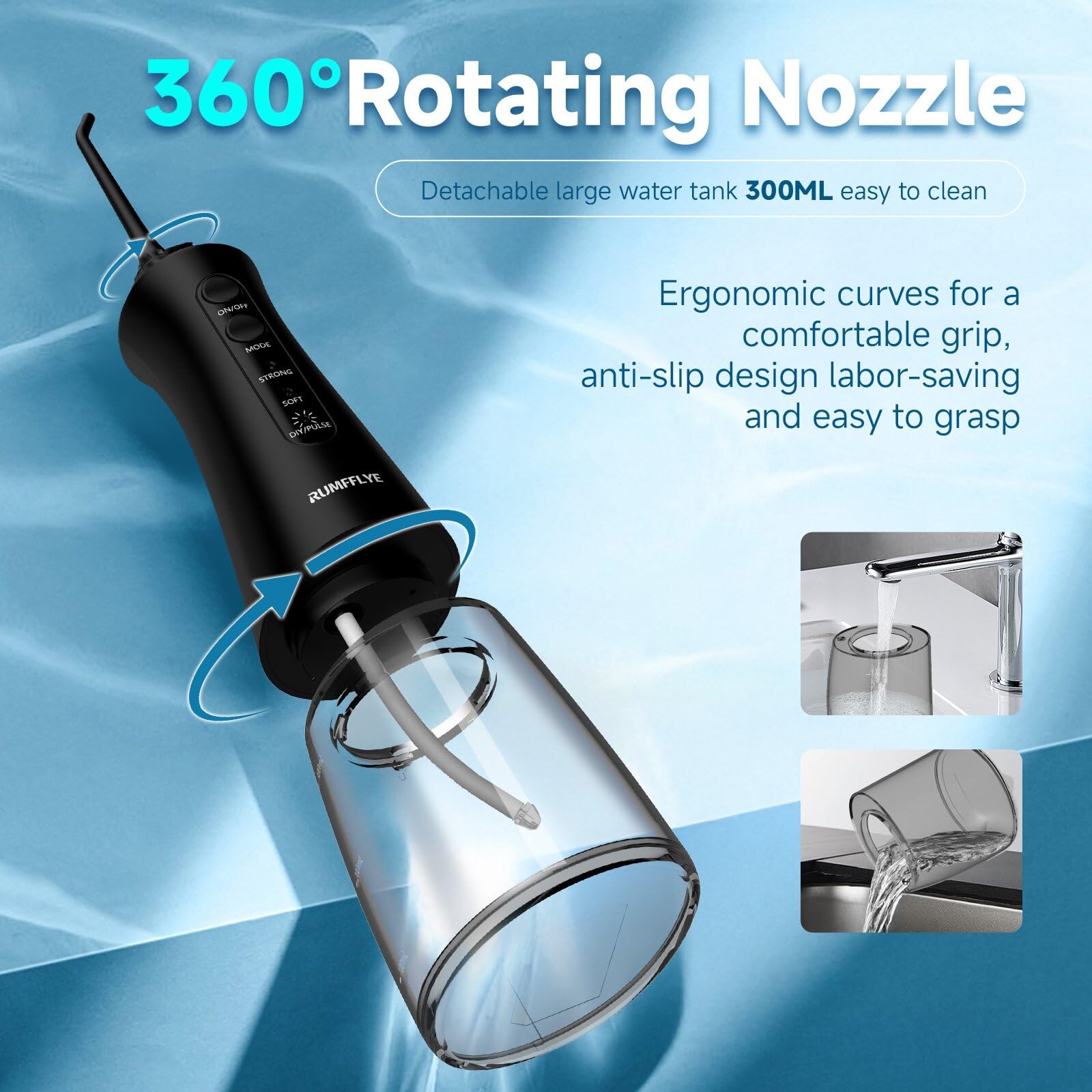 Irrigador Dental Portátil Irrigador Bucal Inalámbrico Profesional Water Flosser 12 Modos 5 Boquillas Irrigador eléctrico oral IPX7 Impermeable 300ML USB Recargable Para Casa y de Viaje(Negro)