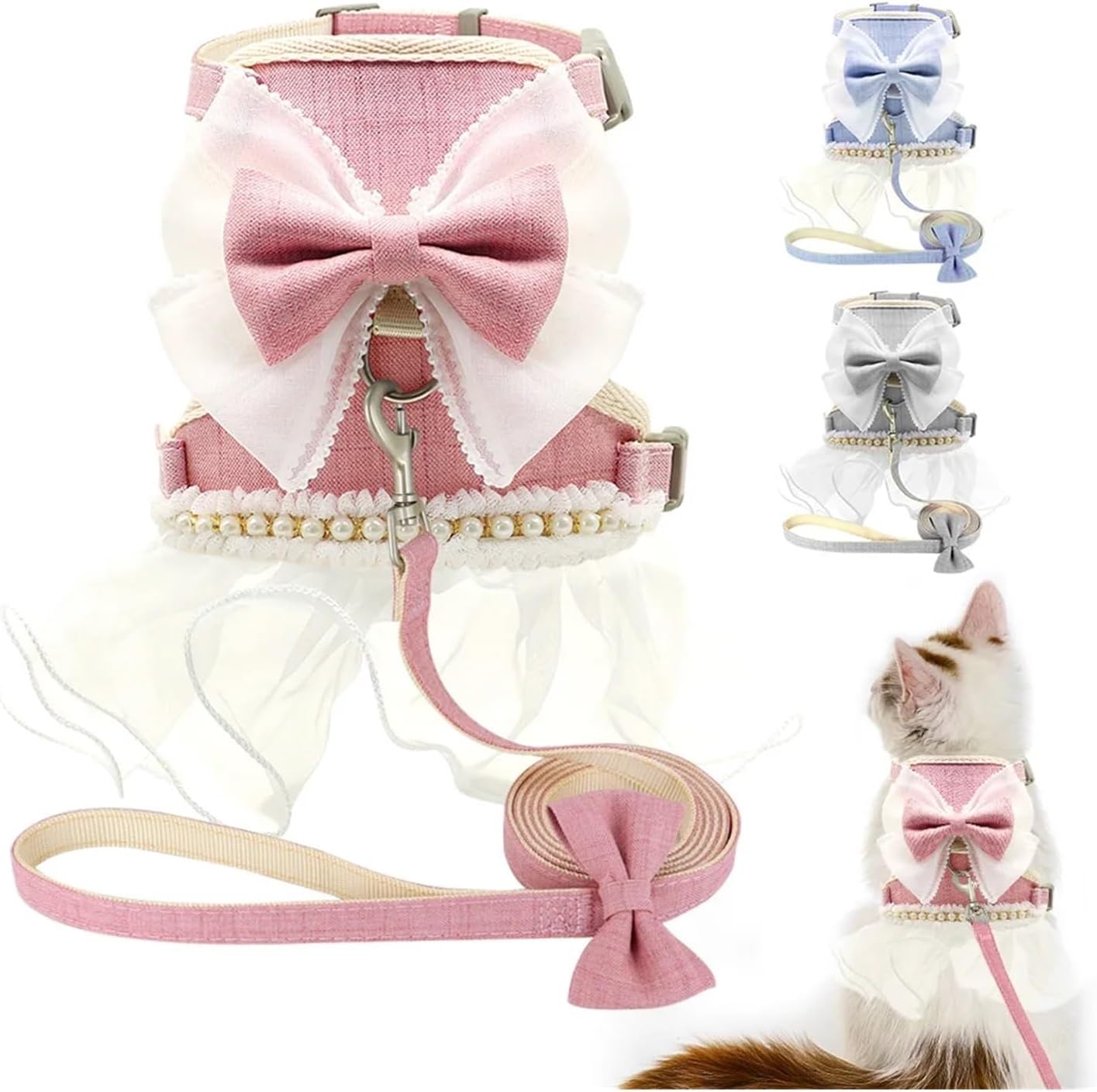 Pink Nylon Cat Harness and Leash Set with Cute Bowknot Vest for Small Dogs Puppy Kittens Adjustable Soft Pet Outfits Princess Party Costume(H,750ml)