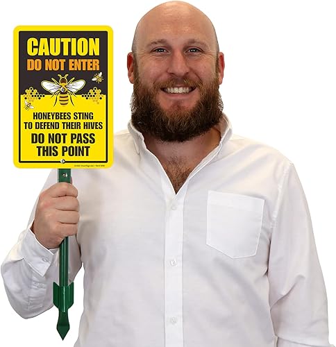 Miniatura 5 de SmartSign Letrero de patio "Caution - Do Not Enter, Honeybees Sting To Defend Hives" de 10 x 7 pulgadas con estaca de 18 pulgadas, aluminio laminado