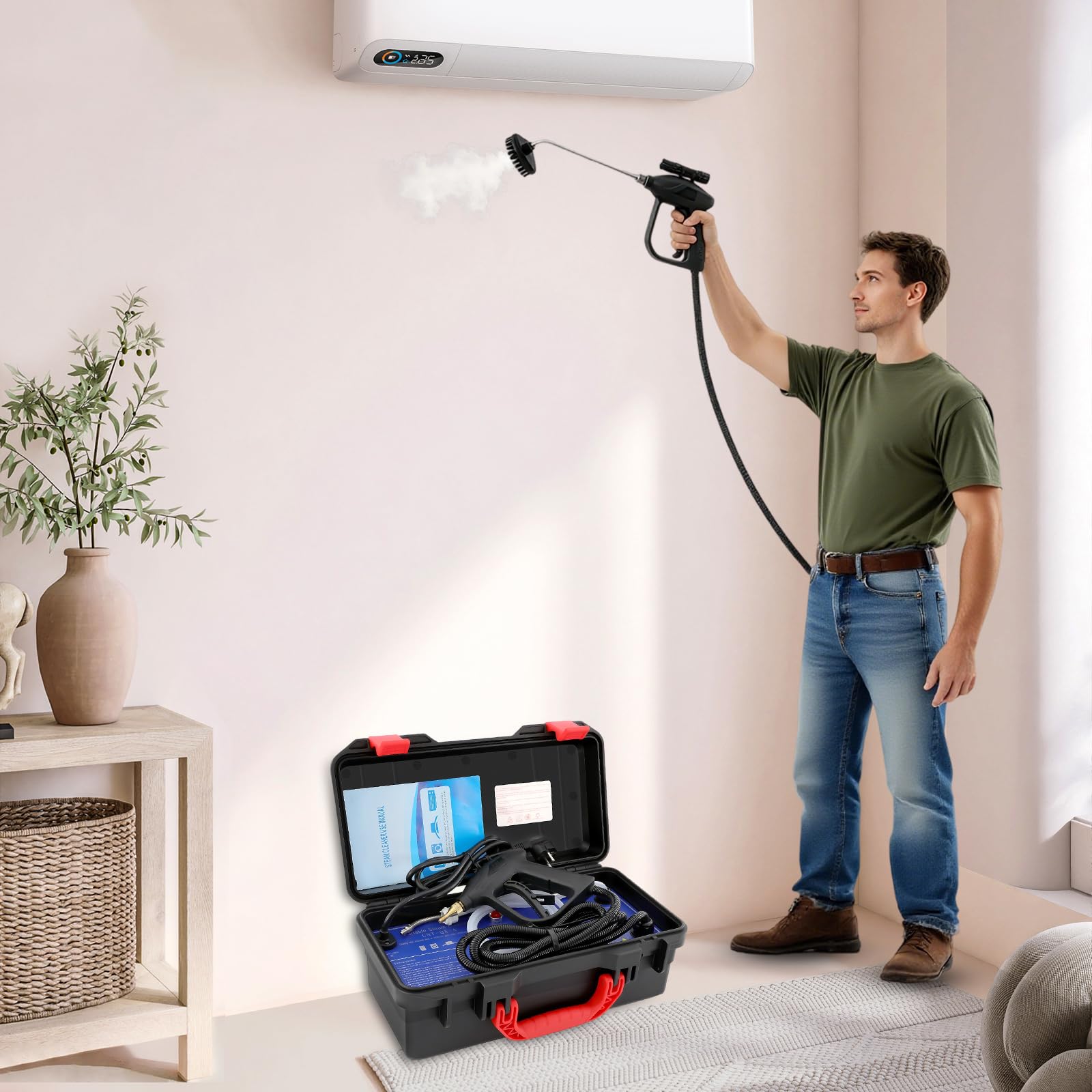 Dampfreiniger 3000W Handgerät mit 2-3,5 Bar Druck, Tragbarer Hochdruck-Dampfreiniger mit Trocken- & Nassdampf, Multifunktionaler Steam Cleaner für Küche, Bad, Fliesen, Sofa, Auto, Fenster & Fugen