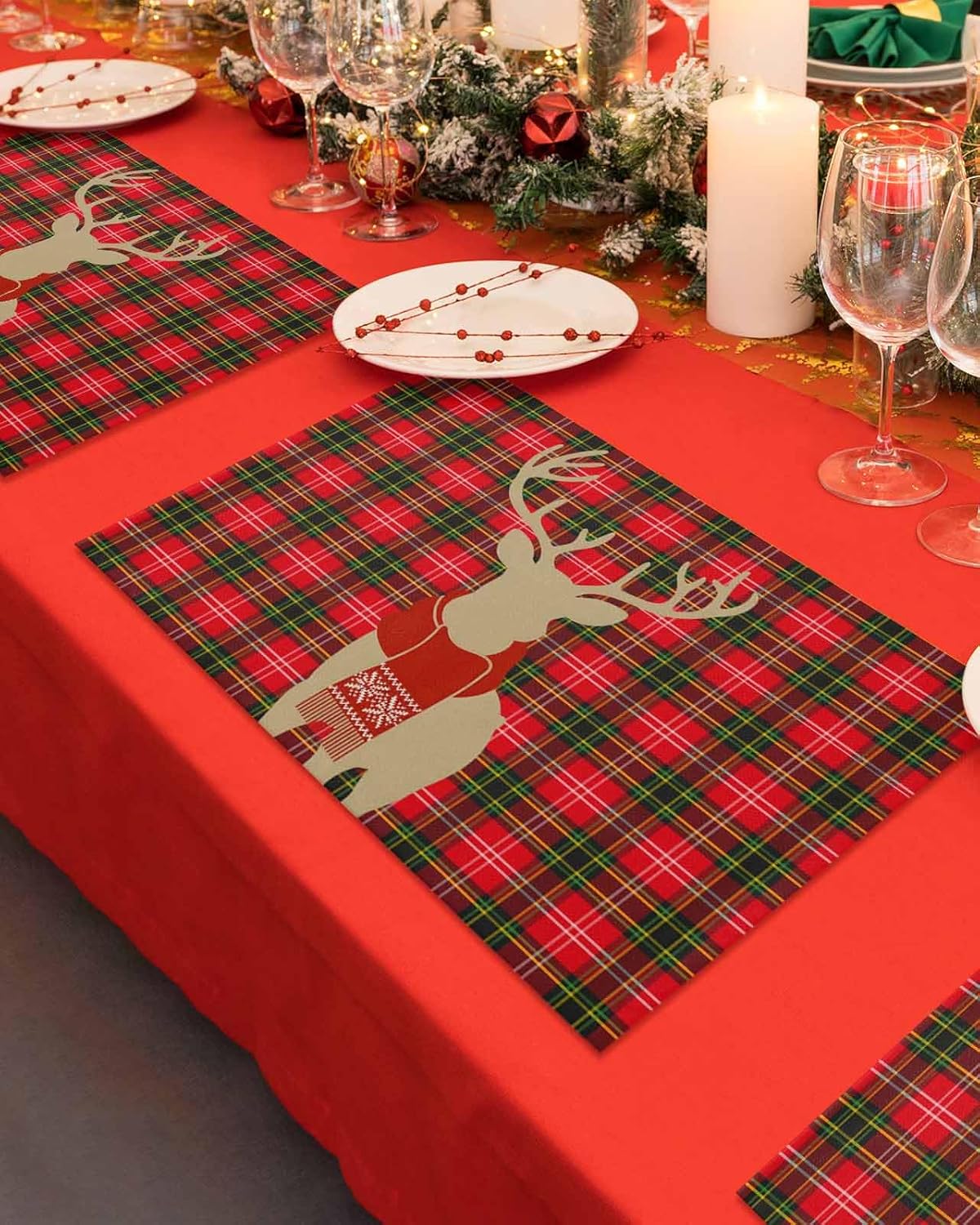 Daleng Christmas Reindeer Placemats Set of 6 for Dining Table, Elk with Scarf Red Green Buffalo Plaid Durable Washable Non-Slip Heat Insulation Place Mats Parties BBQ Winter Holidays 6PCS