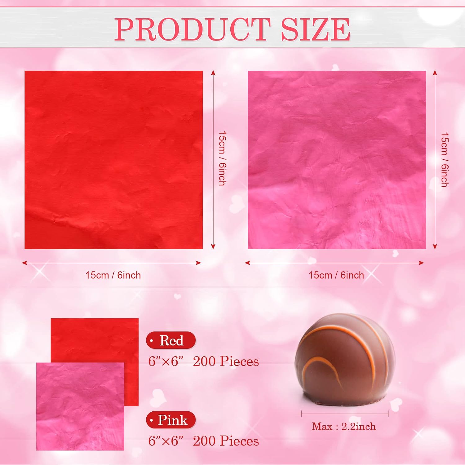 Gersoniel 400 Sheets Foil Chocolate Candy Wrappers Aluminum Tin Foil Wrapping Paper for Packaging Wrappers DIY Baking Homemade Wedding Party Favors(6 x 6 Inch,Solid,Red, Pink)