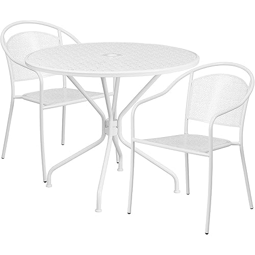 Flash Furniture Oia Commercial Grade 35.25" Round White Indoor-Outdoor Steel Patio Table Set with 4 Round Back Chairs