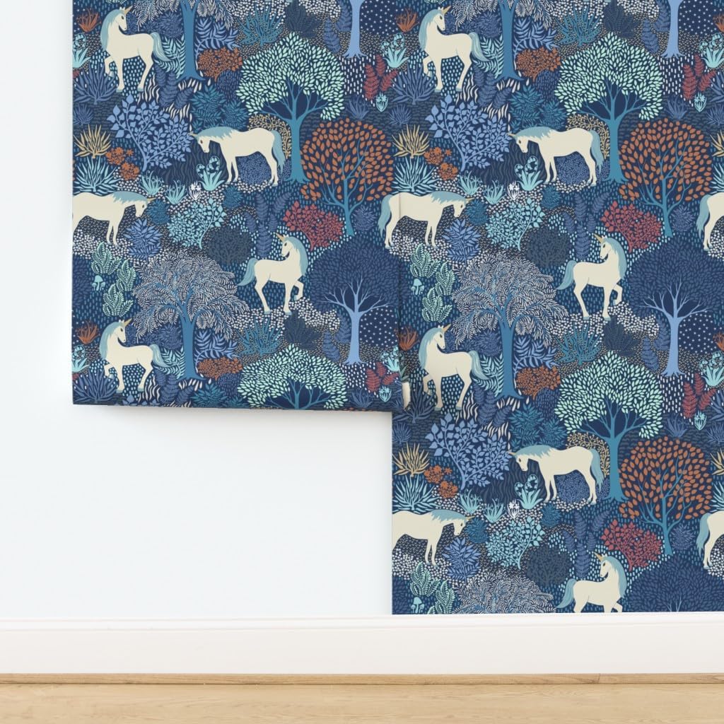 Peel & Stick Wallpaper Swatch - Unicorn Magic Woodland Fairy Tale Blue Cream Large Scale Fantasy Custom Removable Wallpaper by Spoonflower
