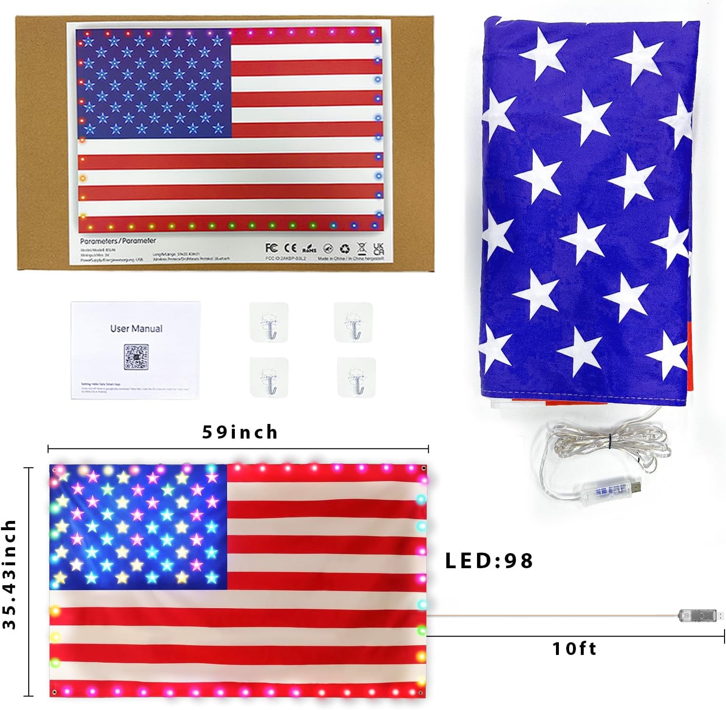 American Flag with Lights, 3 * 5 Ft Smart 98 LEDs String Lights for Independence Day Memorial Day Indoor Decor Music Sync