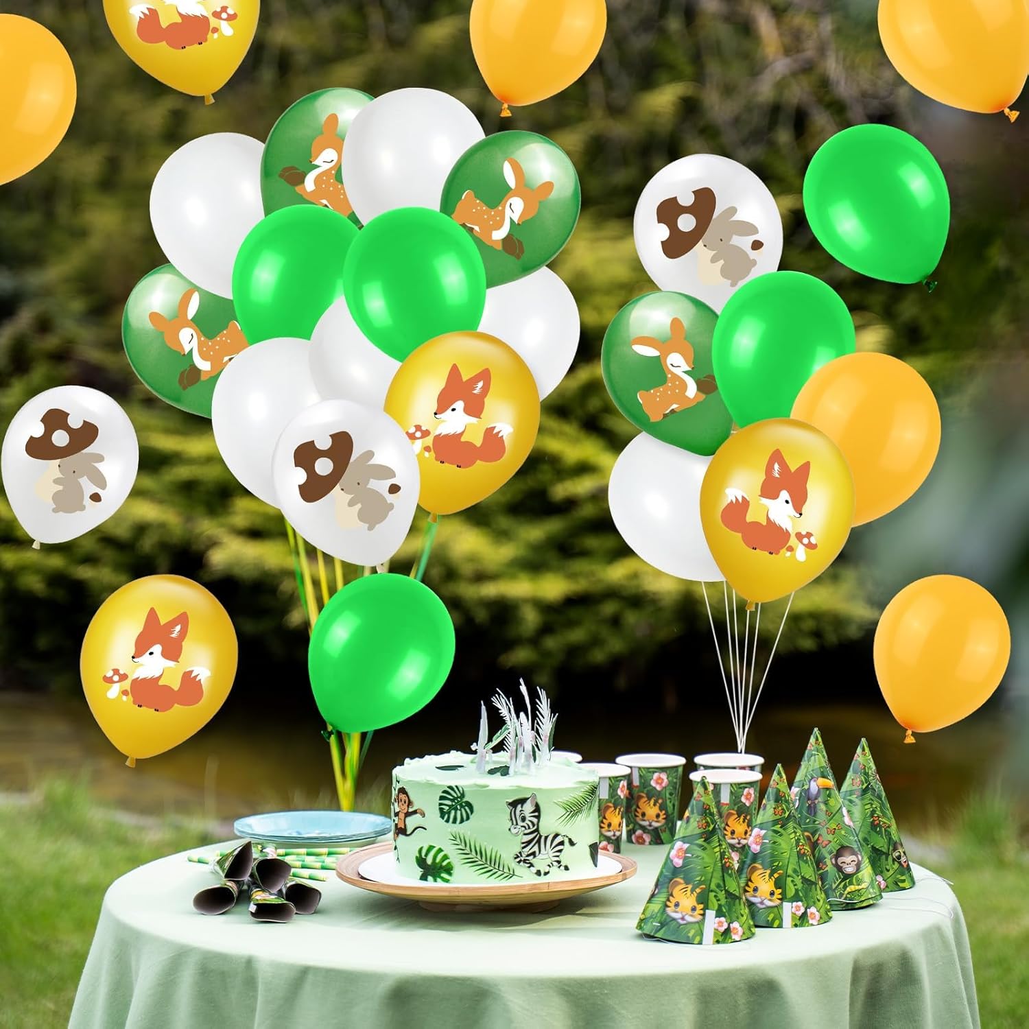Animal Balloons, 12 Inch Jungle Safari Balloons Animal Rabbit Sika Deer Fox Squirrel Print Balloons Green White Yellow Jungle Safari Theme Party Decorations Party Supplies (4 Kind Of Animal)