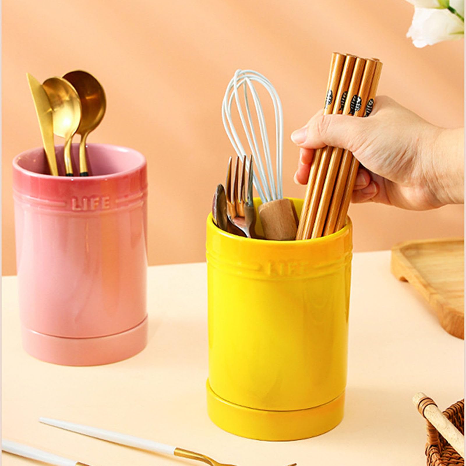 Dowbom Küchenutensilienhalter Aus Keramik | Für Löffel, Spatel & Besteck | Mit Ablauflöchern | Rosa