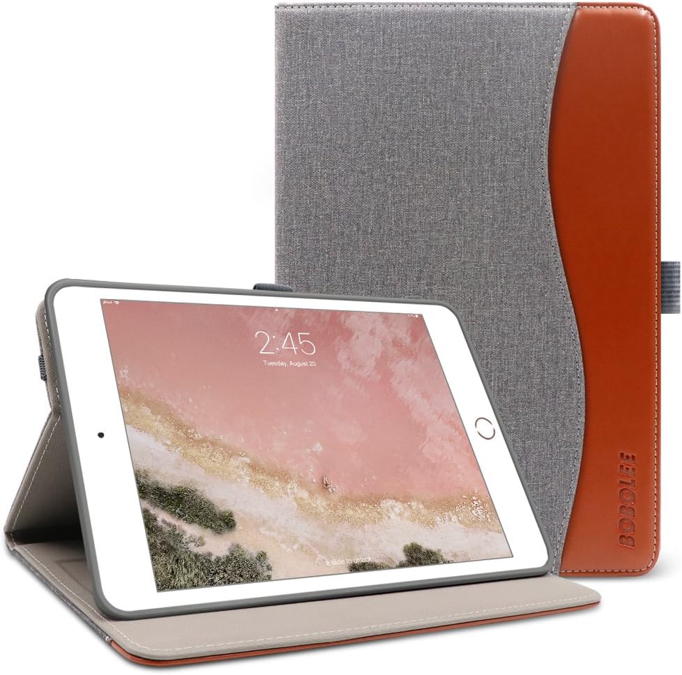 BOBOLEE iPad Mini 4 Case, Vintage Folio Flip Leather Case with Stand Feature, Smart Cover Auto Sleep/Wake Function for Apple iPad Mini 4, 7.9 inch Apple Tablet (DenimGray-Brown)