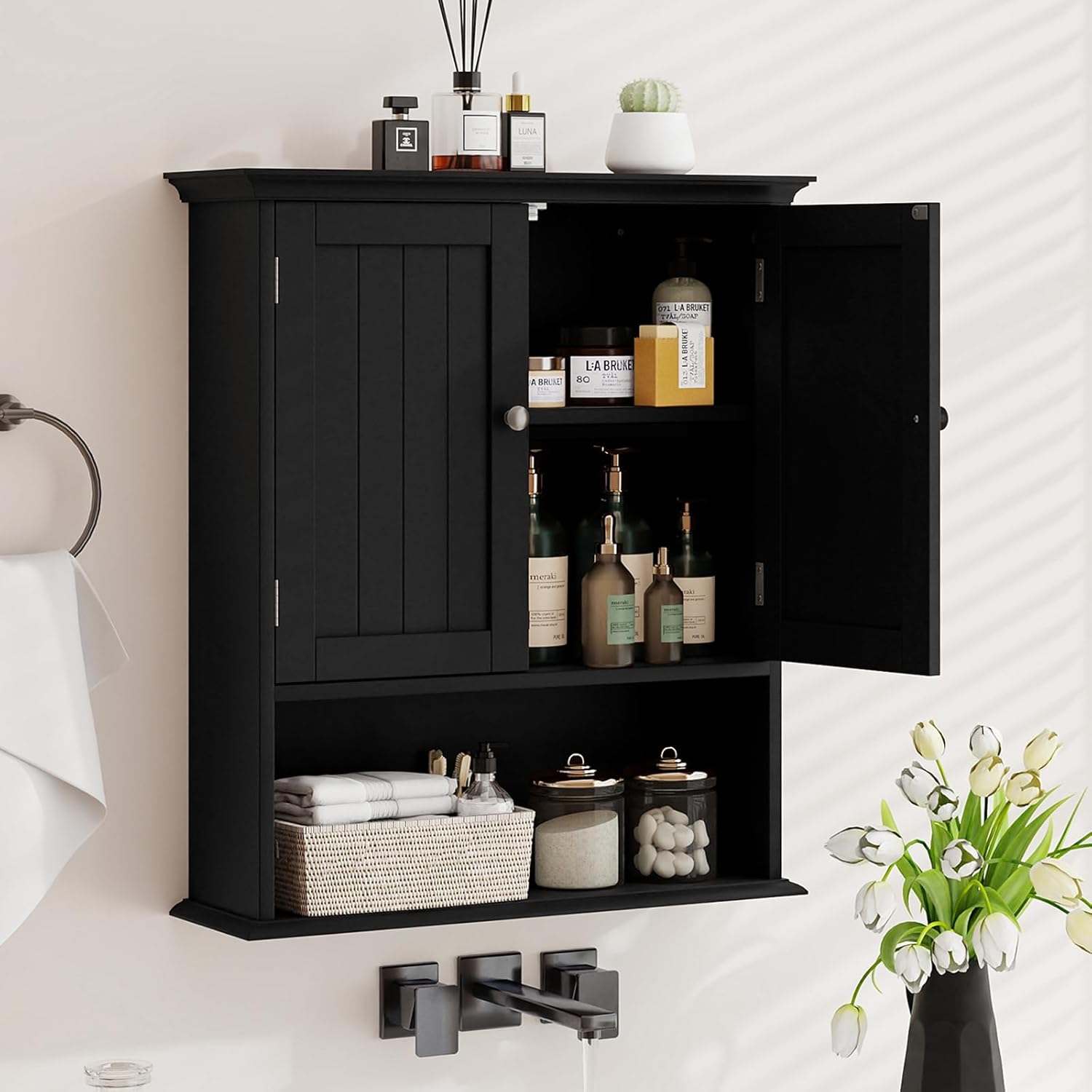 LDAILY Bathroom Wall Cabinet, Over the Toilet Storage Cabinet with 2 Doors, 3 Heights Adjustable Shelf & Open Shelf, Wooden Hanging Medicine Cabinet for Bathroom, Kitchen, Living & Laundry Room, Black