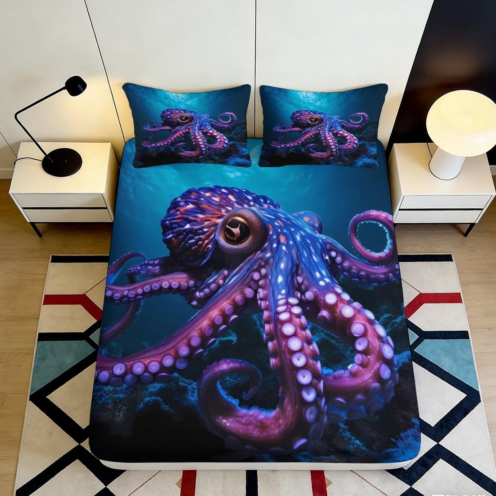 Pnayamiorkfel Style-1 3D Printed Octopus Ocean Fitted Sheet Microfiber Soft Mattress Cover Bedroom Decor Anti-Slip Machine Washable 90X200x25cm