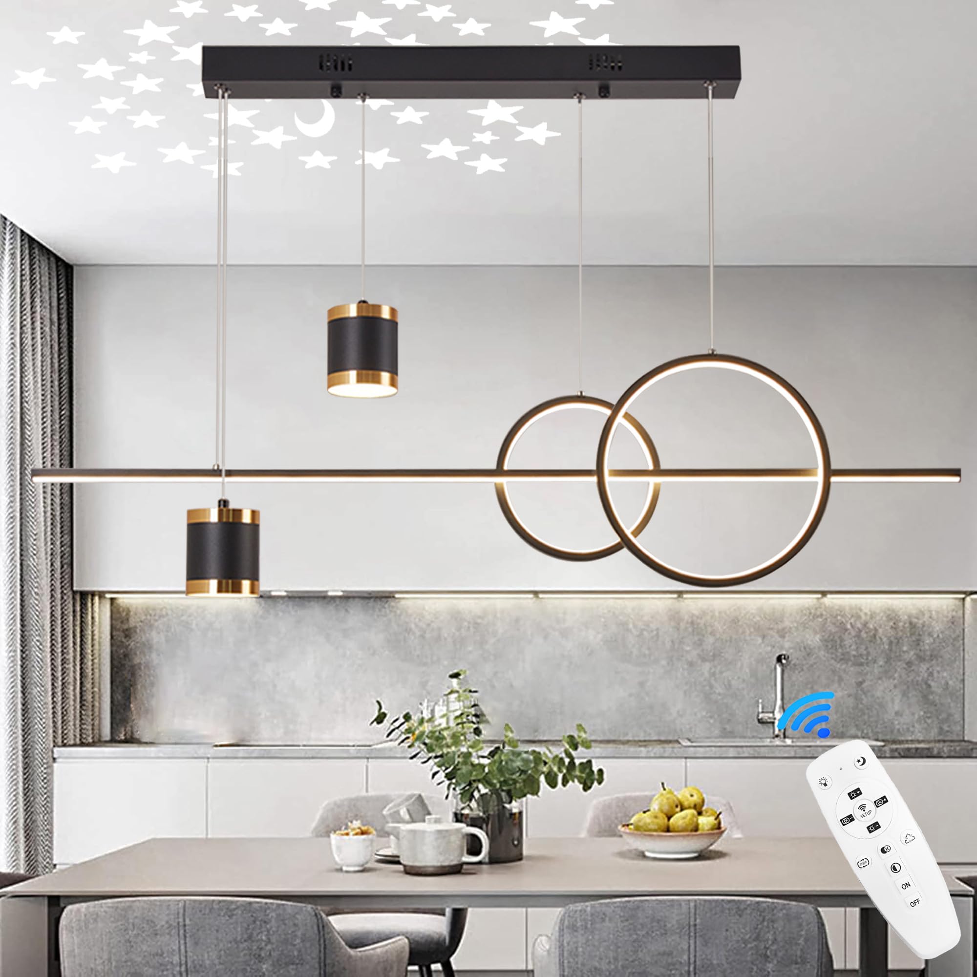 LED Pendelleuchte Esstisch, 49W Dimmbar Hängelampe mit Fernbedienung, Sternenhimmel Unabhängig Steuerbare Hängeleuchte, 120cm Höhenverstellbar Pendellampe, Für Esszimmer, Küche, Schwarz, 100cm