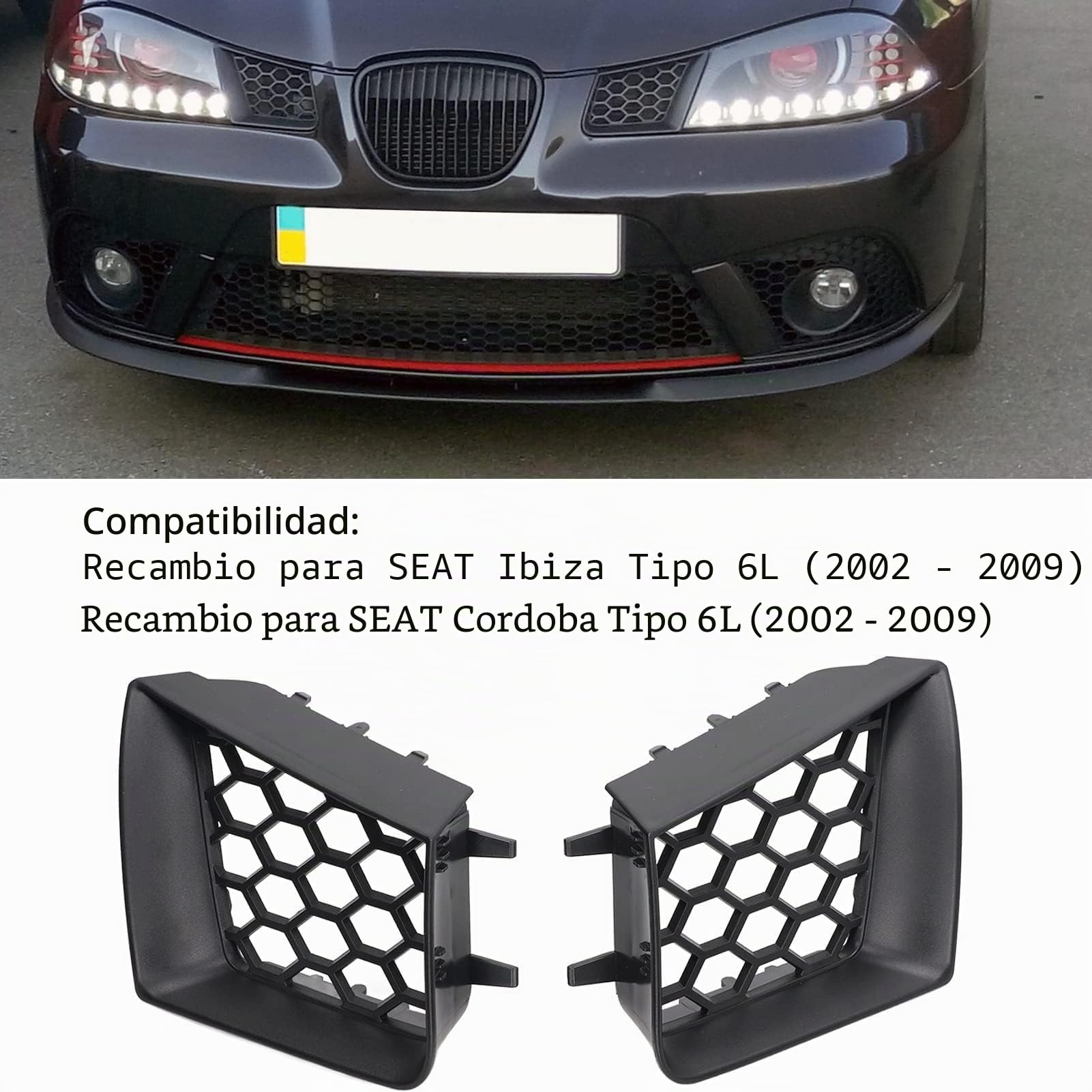 Parachoques delantero, 2 piezas de rejilla izquierda derecha de repuesto para Seat Cordoba 6L 2002-2009, negro brillante, posición de montaje delantera izquierda/delantera derecha