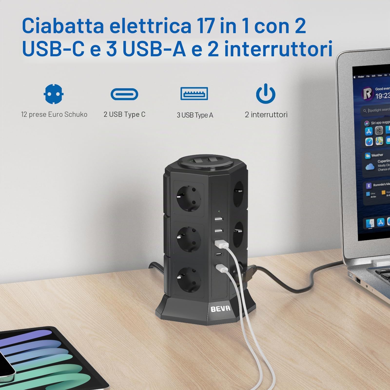 BEVA - Ciabatta elettrica a 12 prese, 5 prese USB, multipresa, protezione da sovratensioni e cortocircuito (con 2 interruttori e cavo da 2 m, 2500 W/10 A)