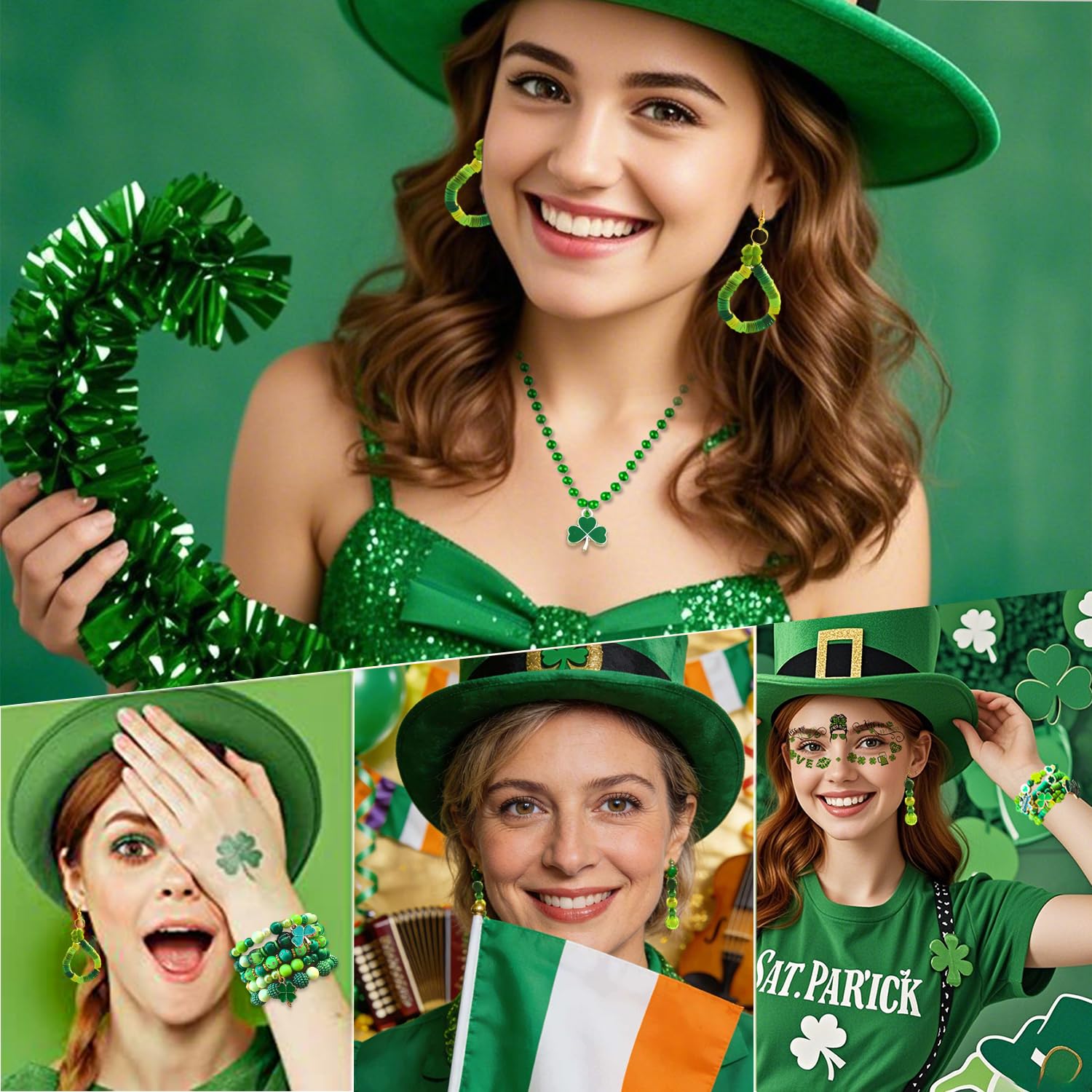 2100 cuentas del día de San Patricio para hacer pulseras, kit de fabricación de pulseras surtidas, cuentas de arcilla de trébol, cuentas de perlas acrílicas redondas espaciadoras a granel para aretes,