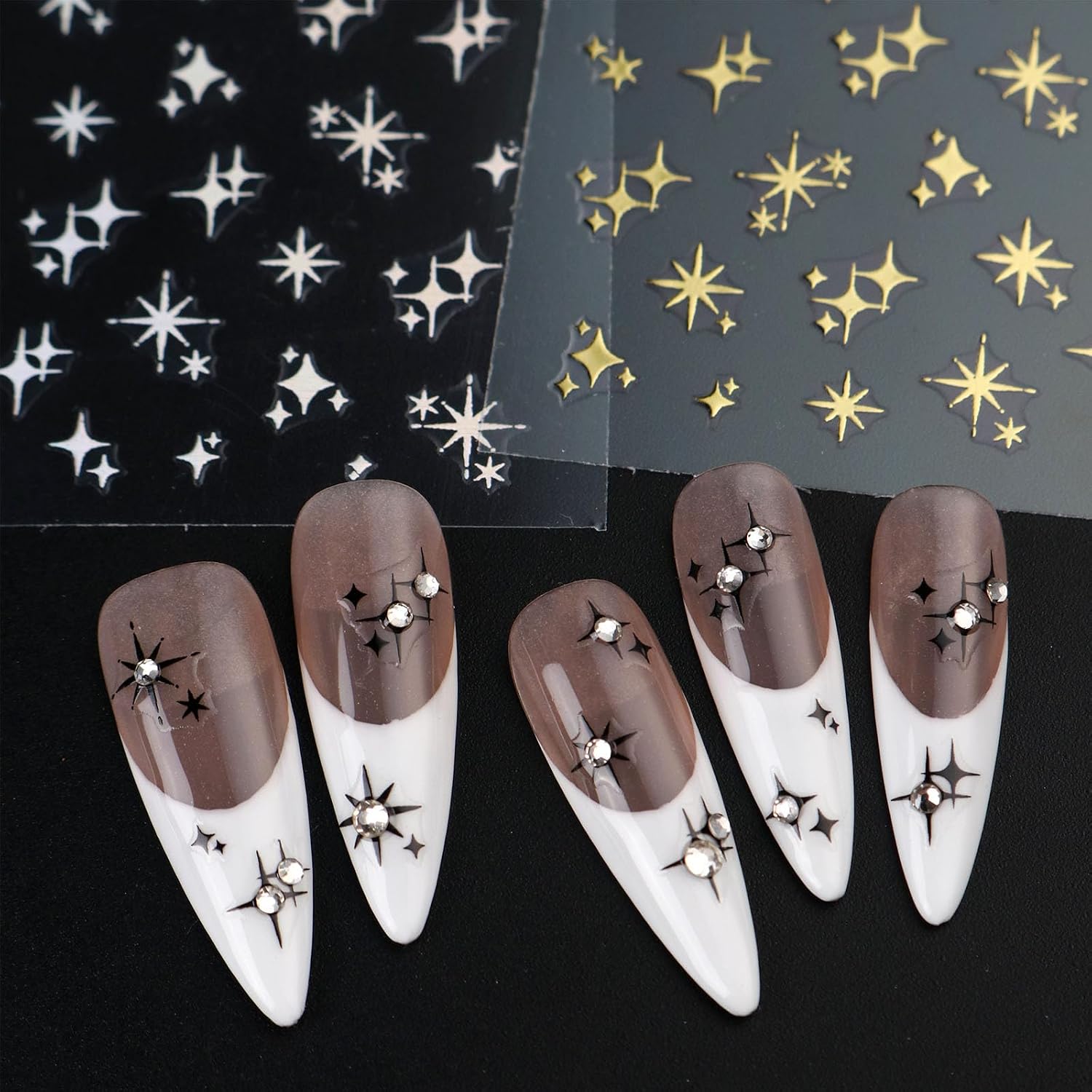 6 Sheets Metallic Star Nail Art Stickers,Golden Silvery Black White Y2K Nail Holographic Mirror Shining Four Pointed Star French Tip Nails Charms Decorations Nail Supplies
