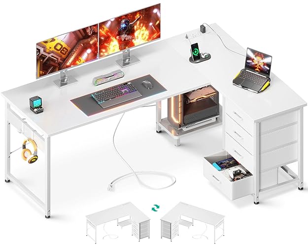 AODK L Shaped Desk with 4 Tier Drawers, 61" Reversible Gaming Desk with Power Outlets, L Shaped Computer Desk with USB Charging Port and Host Stand, Home Office Corner Desk, Easy to Assemble, White - 61 Inch - White