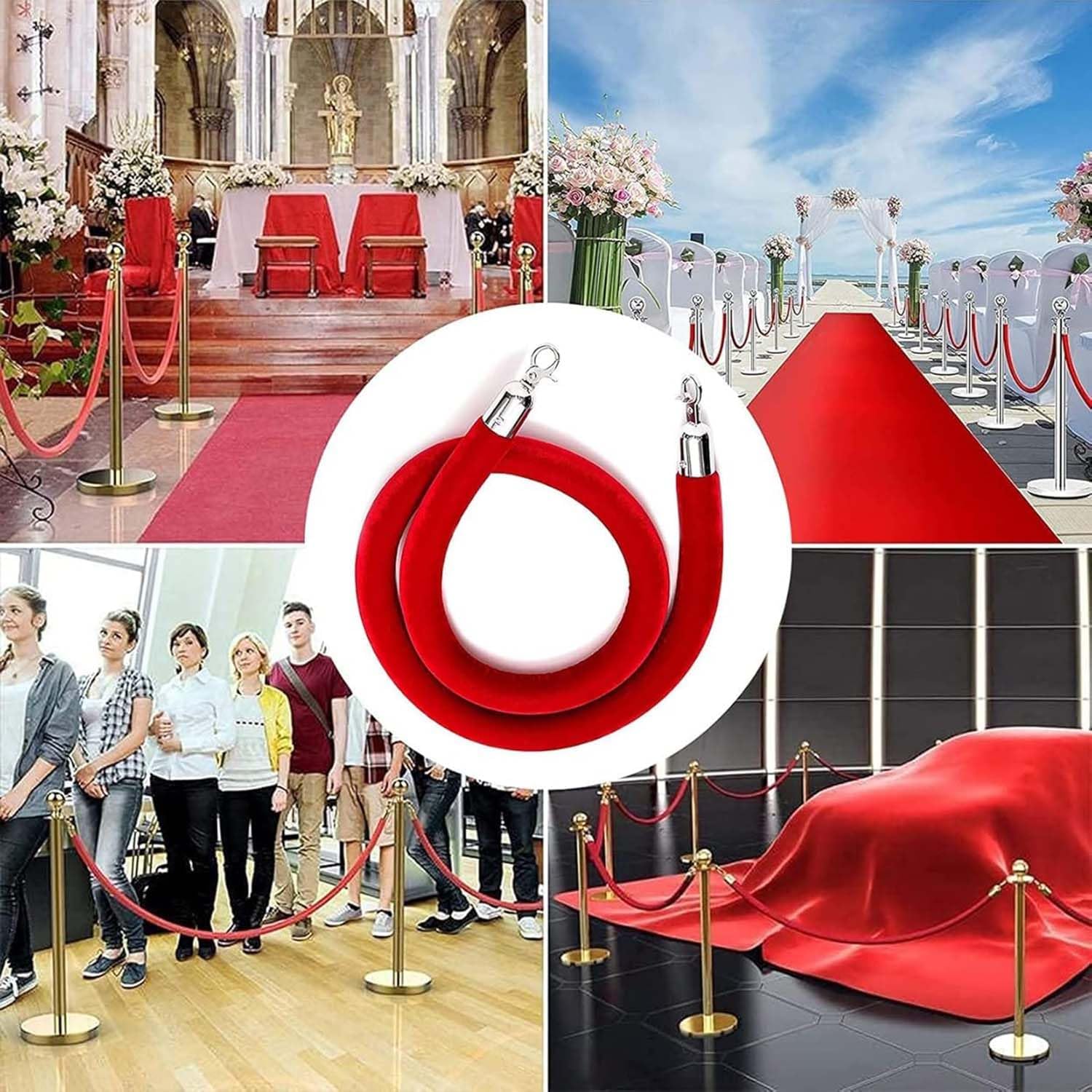 Premium Velvet Rope with Polished Hooks - Red Stanchion Rope with Silver Clasps for Queue Line Barrier & Crowd Control - Ideal for Grand Openings & Events - 1.0m Length