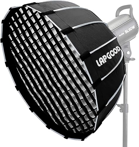 Lapgood QR120 - Caja de luz plegable portátil de 47.2in, marco Bowens con rejilla de panal de abeja, superficie de paraboloide profunda, instalación