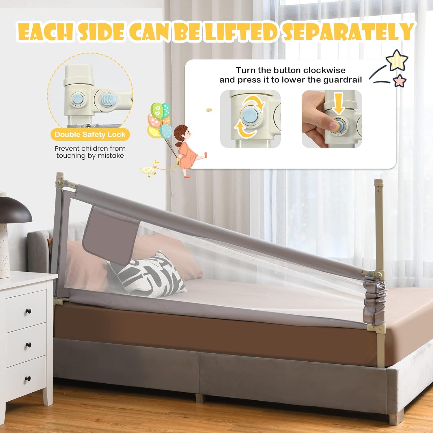 GLACER Bed Rail for Toddlers, 77” Extra Long, Height Adjustable Baby Bed Rail Guard with One-Side Lifting Design, Double Safety Locks, Safety Bed Guardrail for Kids with Side Storage Pocket (Classic)