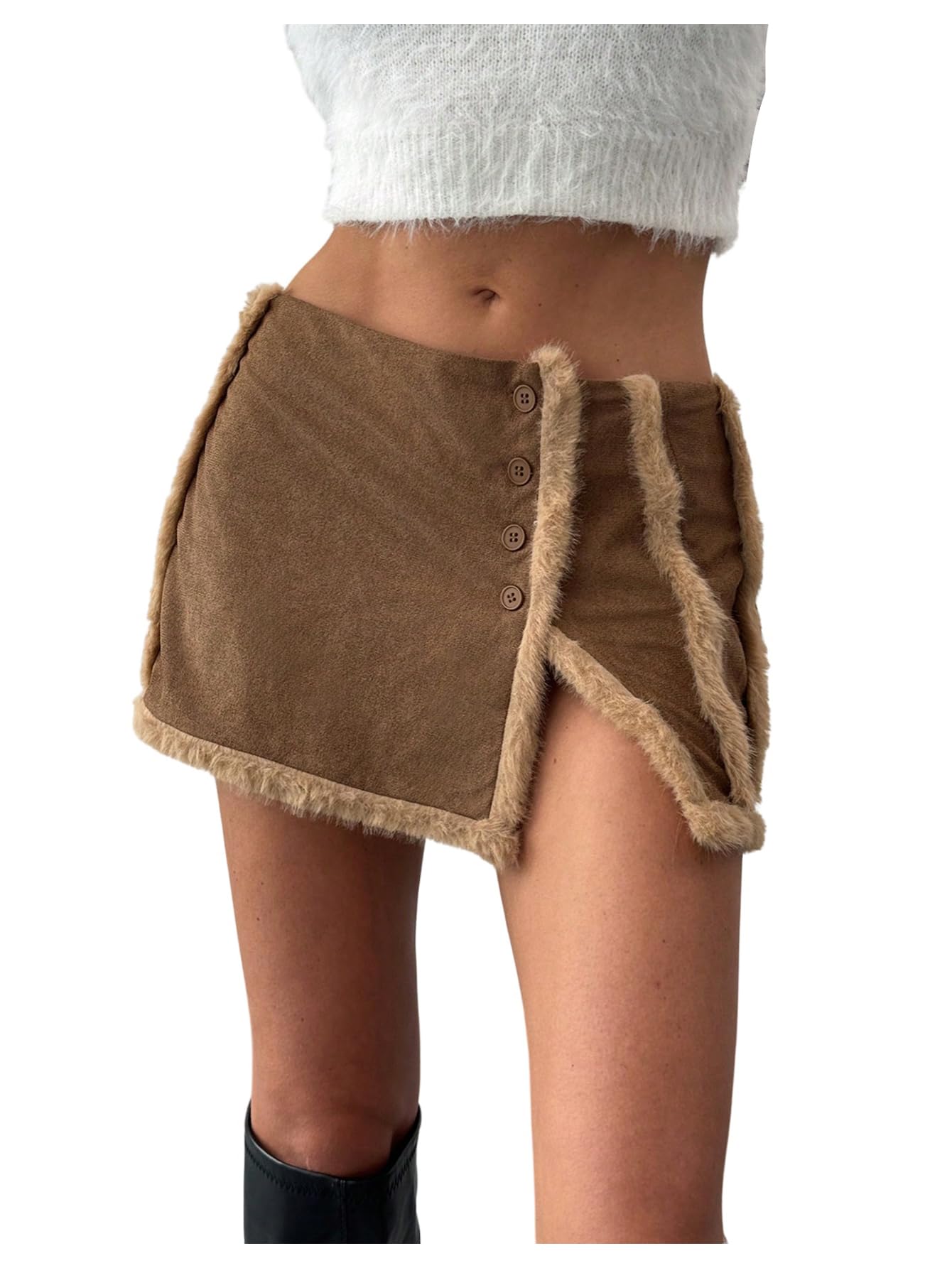 MakeMeChic Womens Faux Suede Low Waist Skirt Fuzzy Button Split Hem Bodycon Mini Skirts