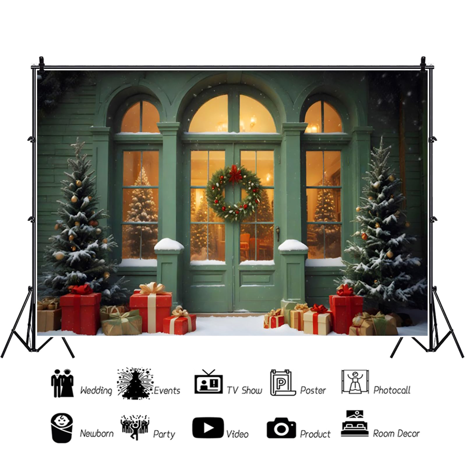 YongFoto 3,5x2,5m Notte di Natale Fondali per la fotografia Regali di Natale di Green House Door Albero di Natale Ghirlanda Festival Sfondo per festa a tema invernale Servizio fotografico Oggetti