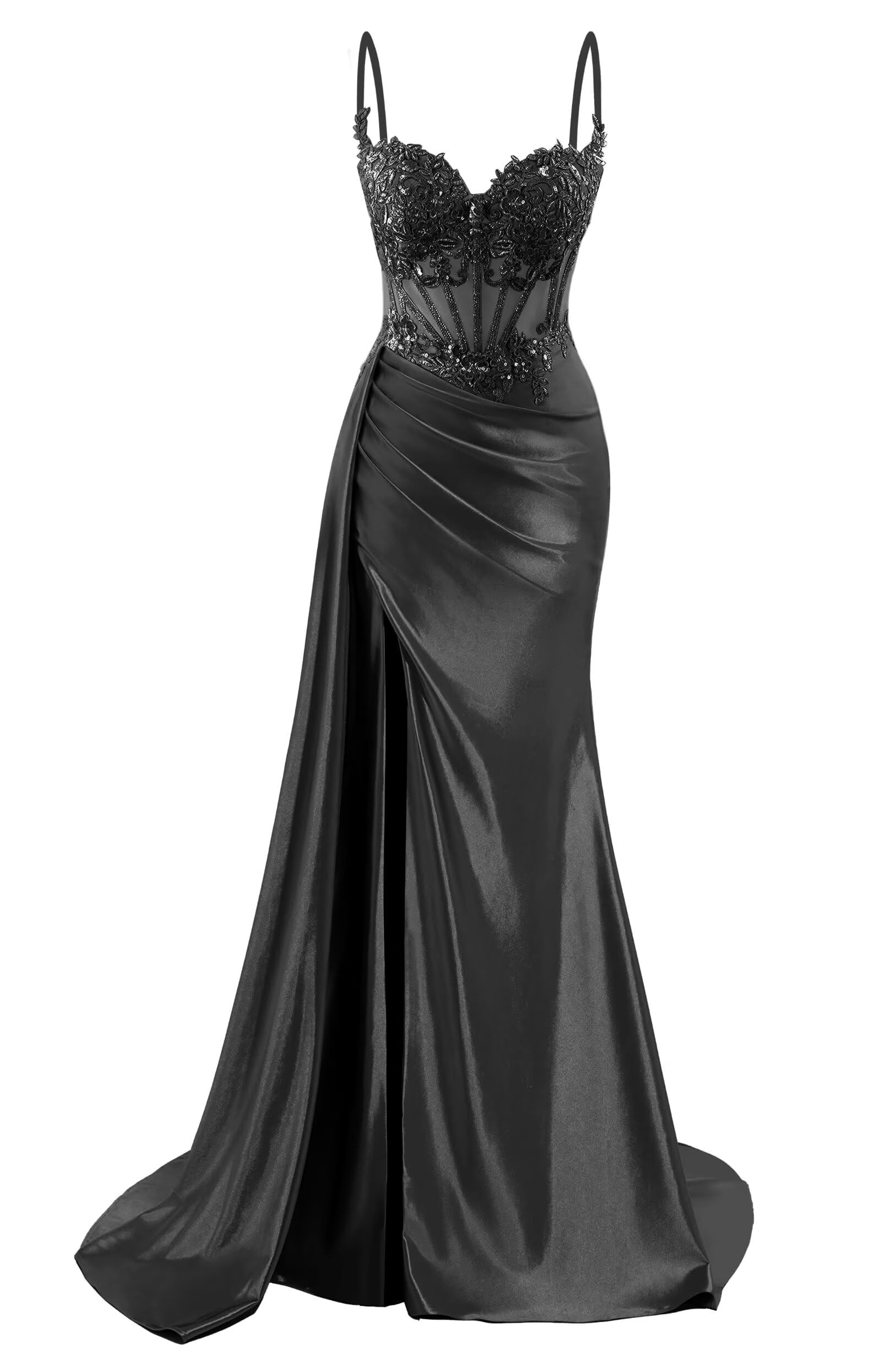 Hppee Women's Black Prom Dresses For Teens 2025 V Neck Spaghetti Strap Mermaid Formal Dress Long Ball Gown With Slit Train Uk12