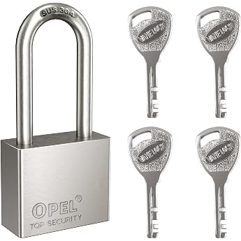 304 Stainless Steel Padlock 40 mm, Long Shackle Thickness 7 mm, Anti-Sawing and Rust Prevention, Padlock with 4 Keys for Lock