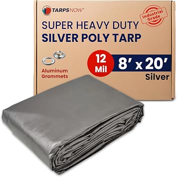 قماش مشمع بلاستيكي عالي التحمل مقاس 8x20 قدمًا من Tarp Poly Tarp|غطاء مقاوم للماء 12 مل|مقاوم للتمزق والتمزق|حلقات مقاومة للصدأ وحواف معززة|مثالي للسقف والتخييم والخيام والحماية الخارجية - فضي