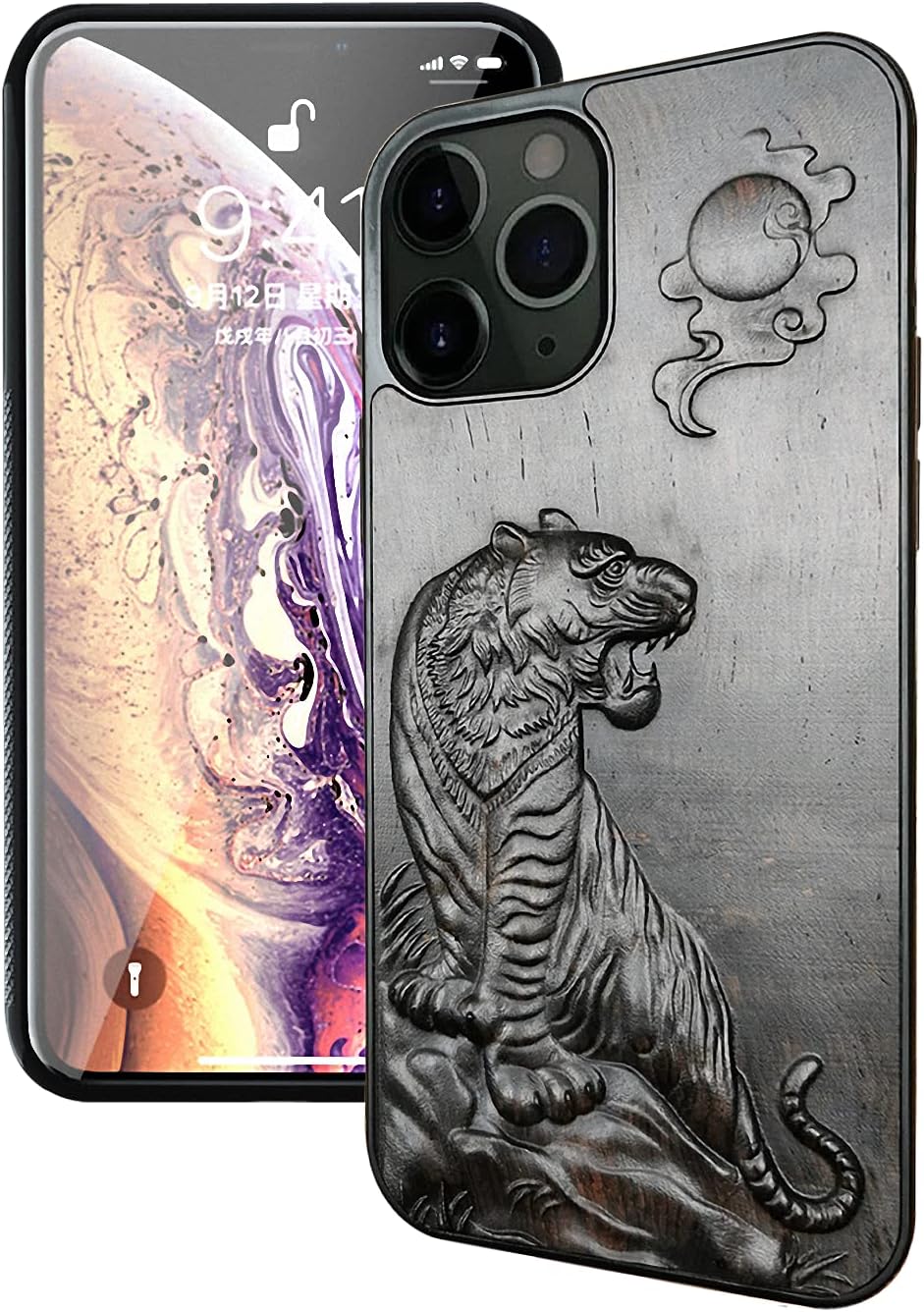 Natural Ebony Black Wood Carved Phone Basic Case for iPhone Series (iPhone 12 Mini 5.8", Hilltop Tiger)