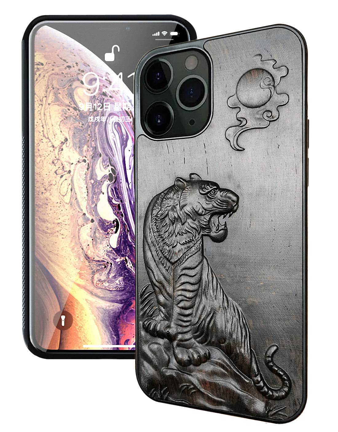 Natural Ebony Black Wood Carved Phone Basic Case for iPhone Series (iPhone 12 Mini 5.8", Hilltop Tiger)