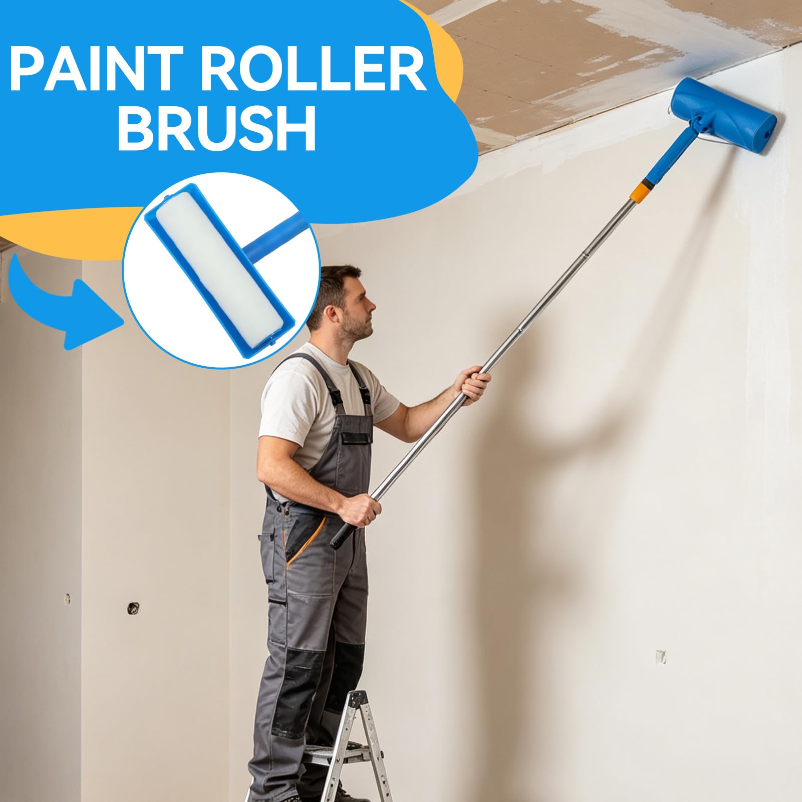 Kit antigoccia per soffitto, rullo per pittura, 10 pollici, con manico staccabile, protezione antispruzzo, testa regolabile, riutilizzabile, per porte finestre, giardino, garage