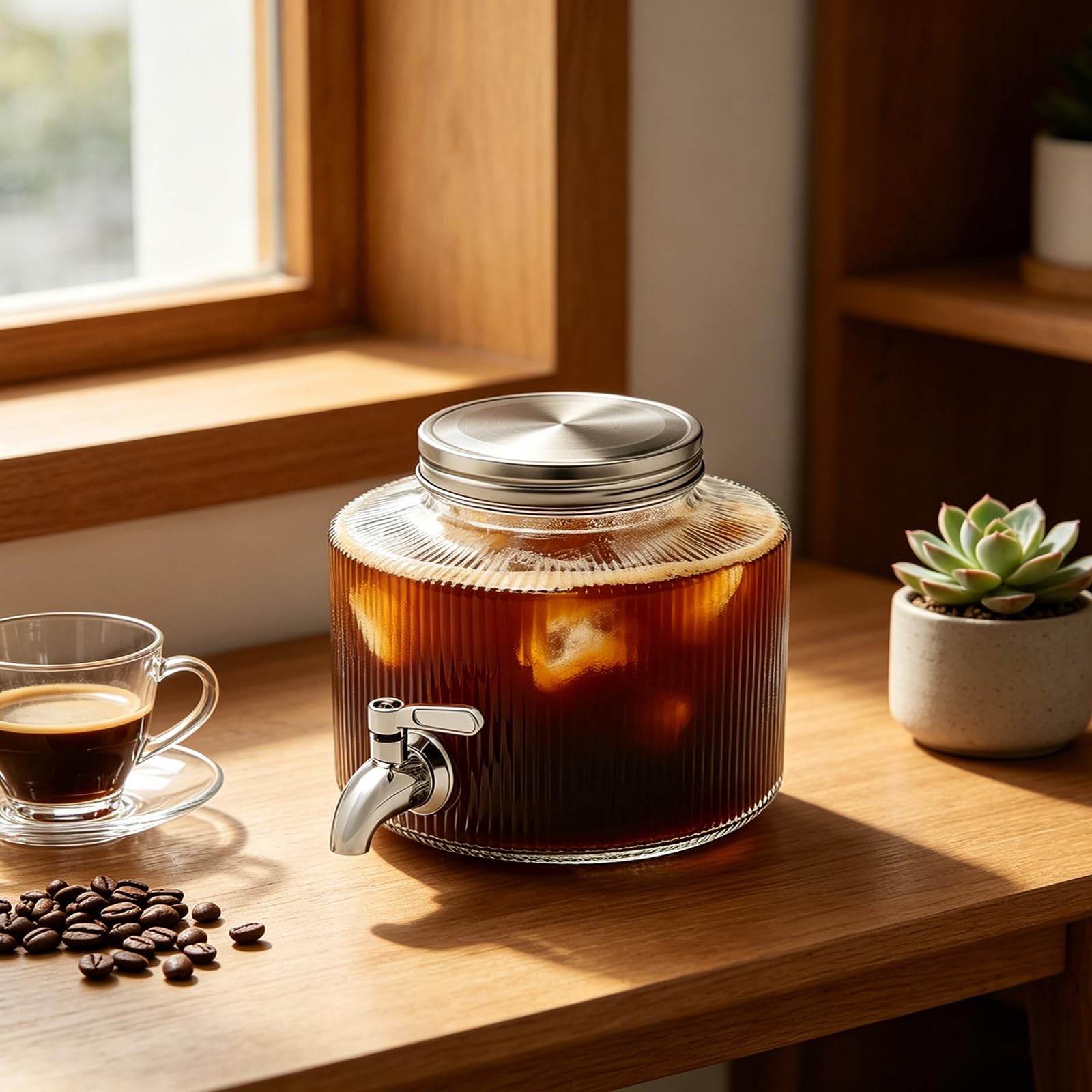 Dispenser di bevande in vetro da 2,5 l con rubinetto in acciaio inox, adatto per frigorifero, erogatore di acqua con rubinetto per limonata, tè freddo sangria, contenitore in vetro con coperchio