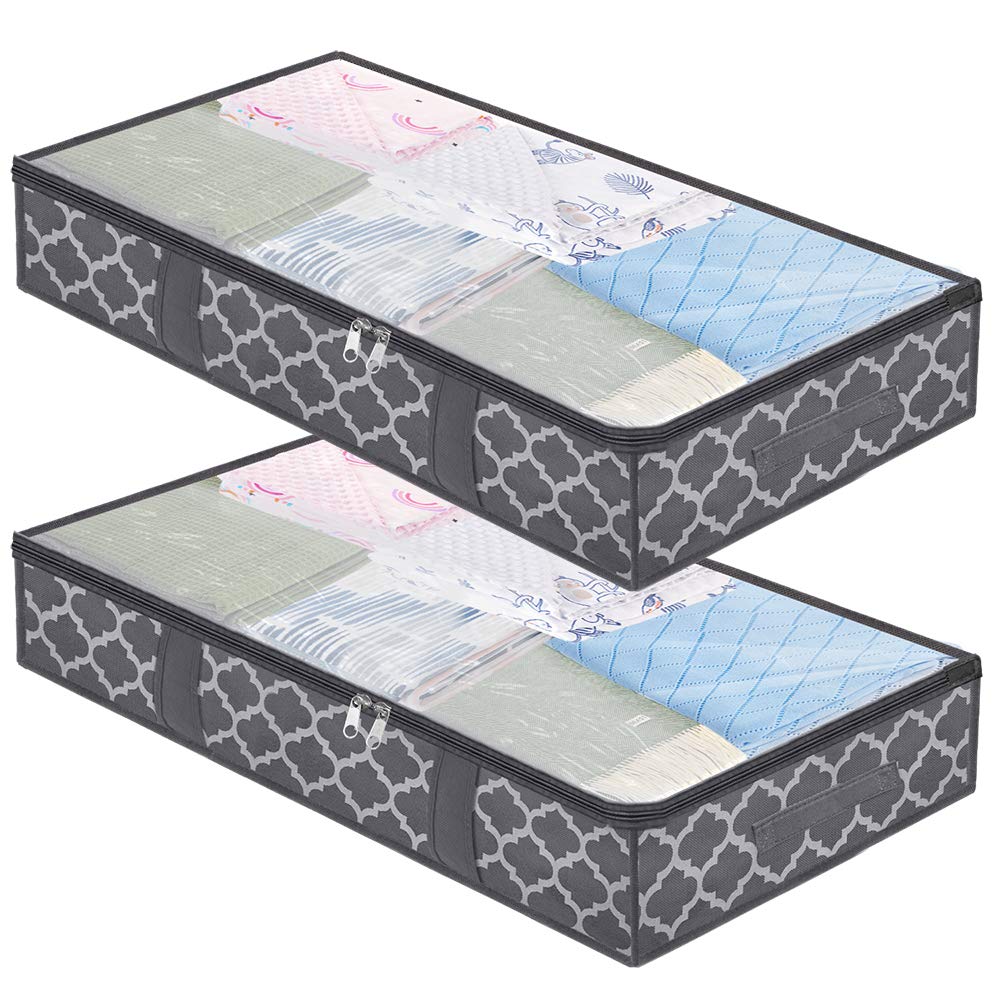 Underbed Storage Bags Containers for Comforter,Large Breathable Zippered Clothes Blanket Organizer Bins,Tidy Up Your Closet Shelves with Clear Window,Sturdy Metal Zippers,4 Strong Handles set of 2