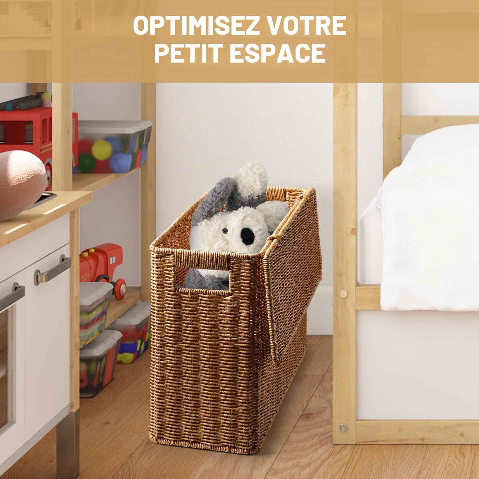 Panier à magazines en osier tissé à la main – Boîte de rangement étroite tissée avec couvercle – Pour la maison et le bureau (taille S)