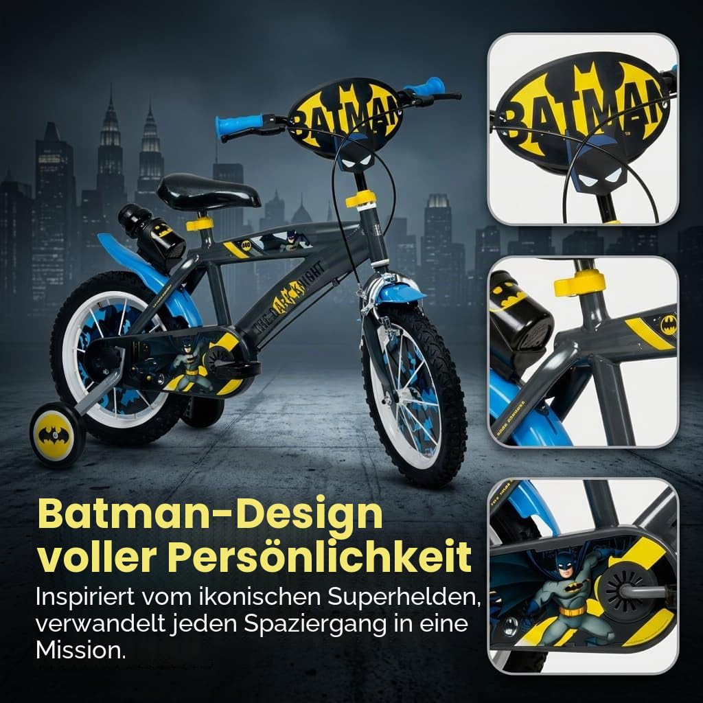 Toimsa Kinderfahrrad Batman 14 Zoll Schwarz/Blau/Gelb | Felgenbremse Trommelbremse Stützräder Speichenschutz Trinkflasche | Alter 4-6 Jahre
