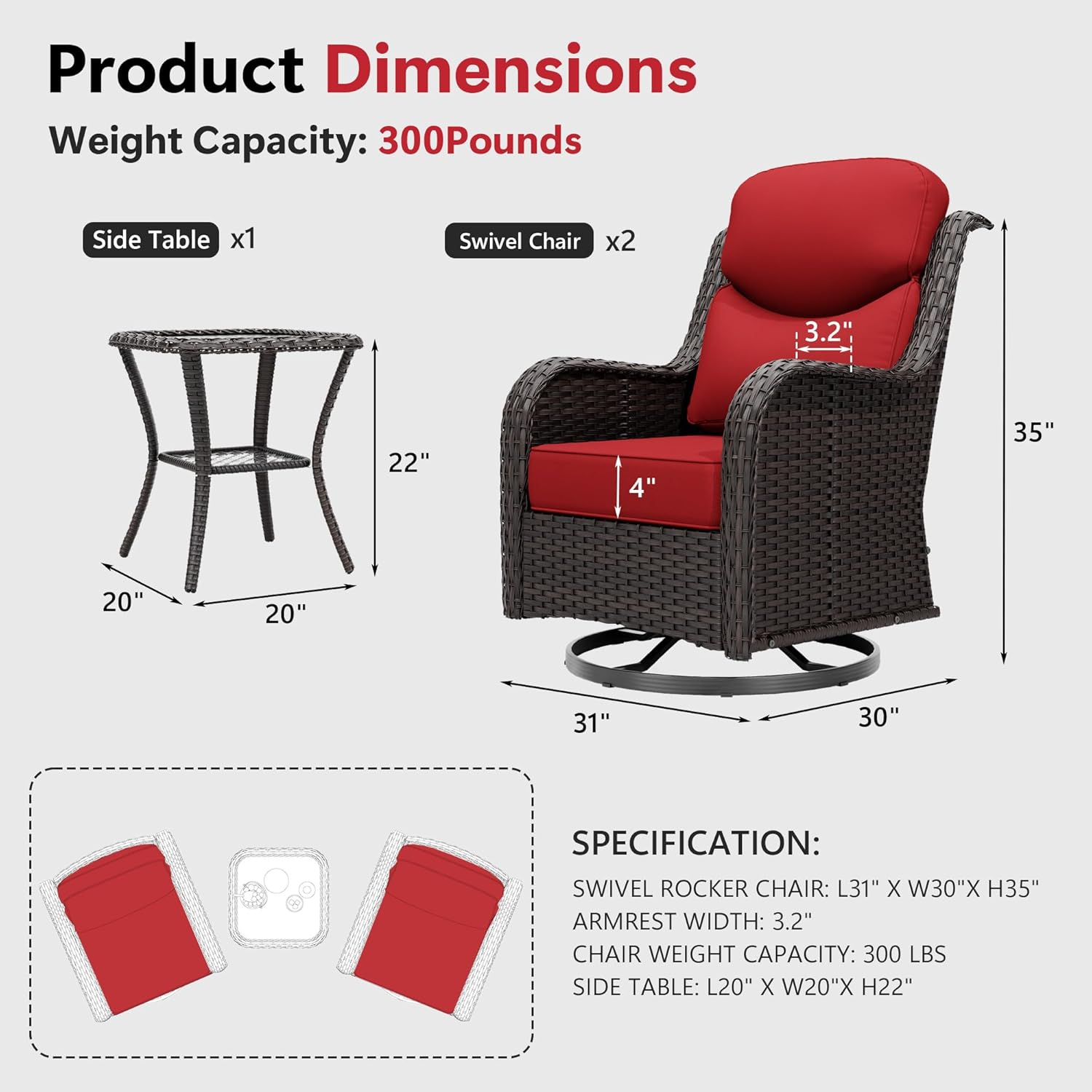 Patio Swivel Chairs Set of 2 and Side Table, Outdoor Swivel Rocker Patio Chairs with High Back and Thick Cushions, Wicker Patio Furniture Set for Porch, Deck Use (Red, 3 PCS)