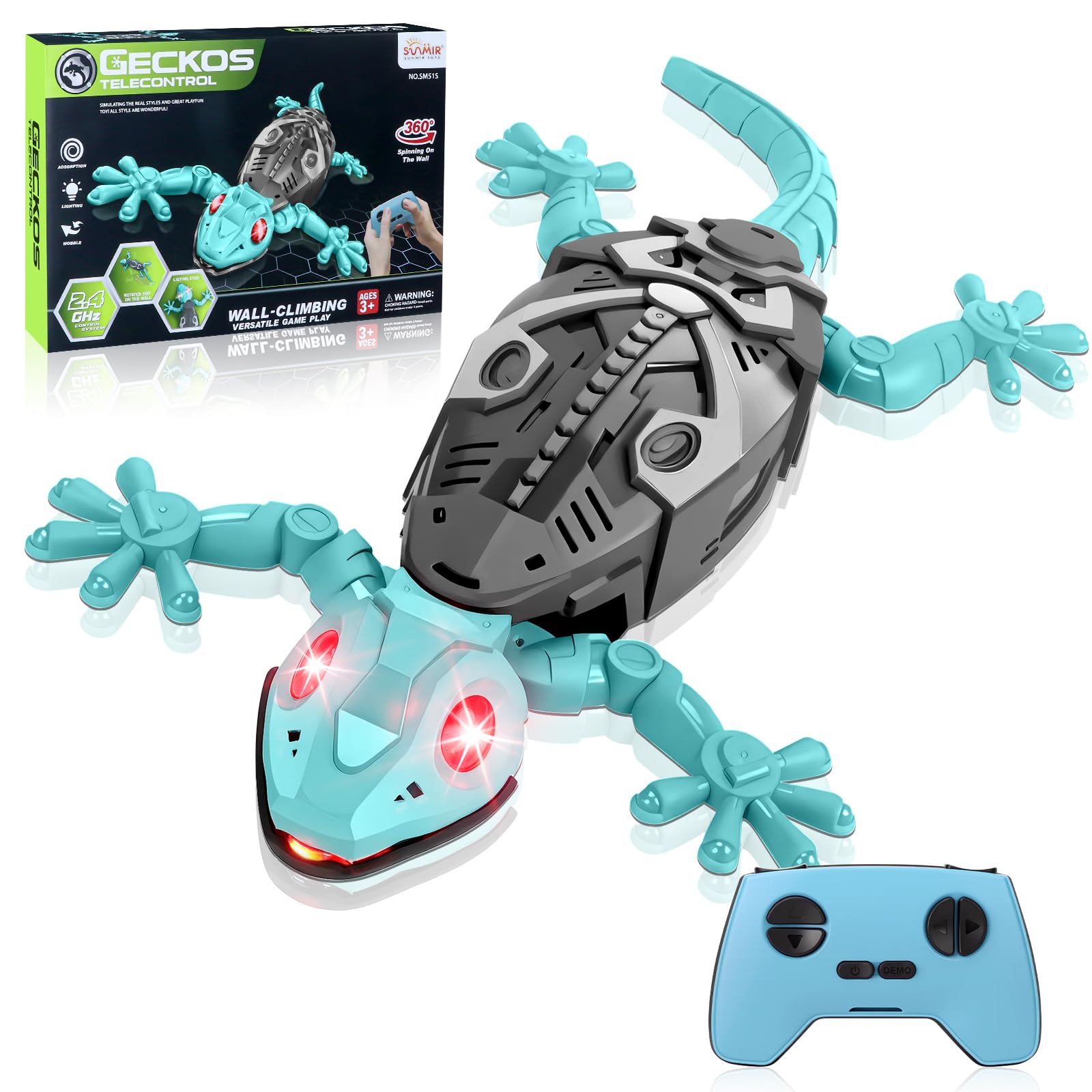 Charmofun Geco Telecomandato, Lucertola Telecomandata con Occhi a Led Luminosi, Movimenti Realistici, Direzione Regolabile, Regali Giocattoli interattiviper para Bambini 4 5 6 7 8+ Anni (Gecko-Blu)