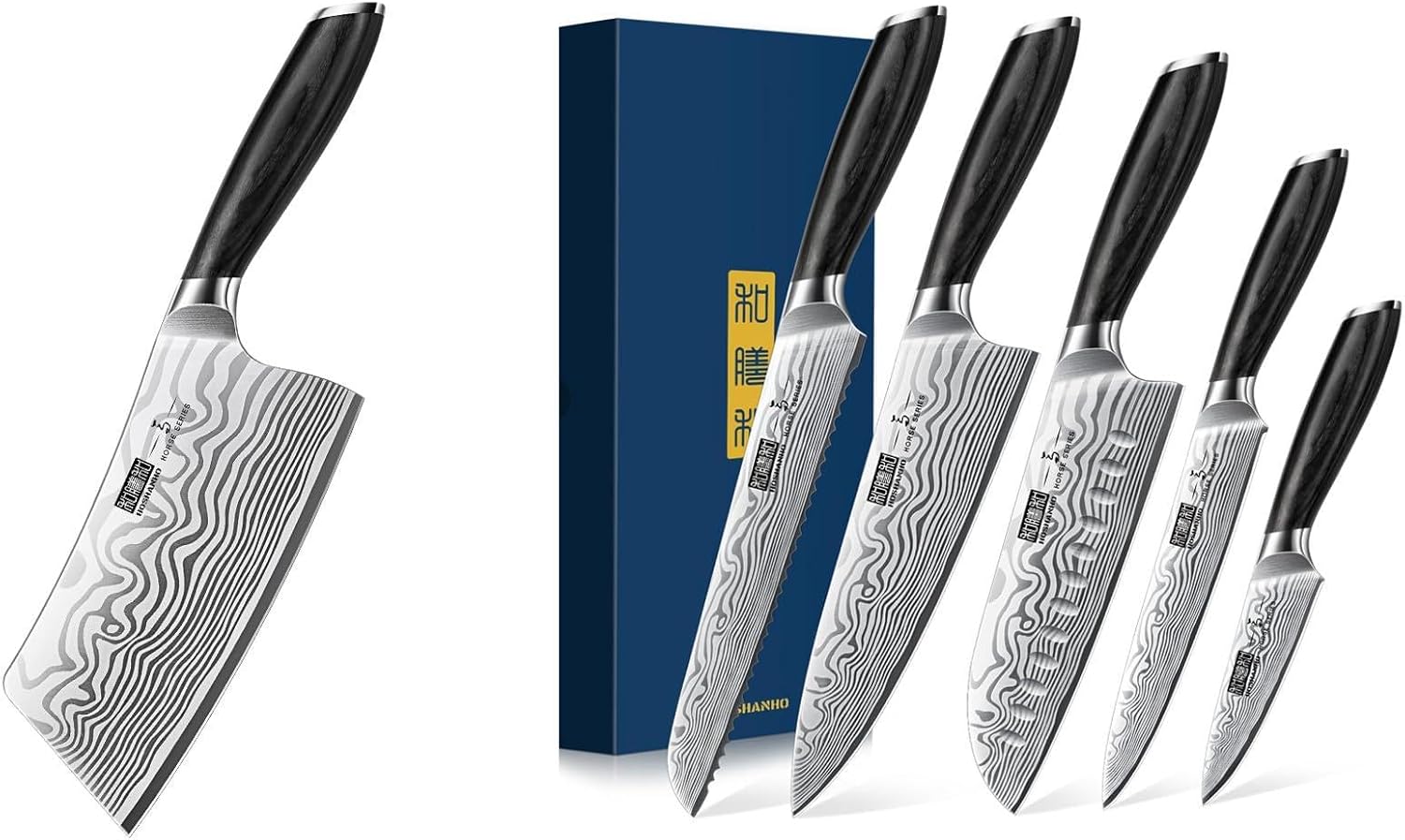 HOSHANHO Cleaver Knife 7 Inch, Razor Sharp High Carbon Powder Steel Meat Cleaver & 5 Pieces Knife Set, Professional Powder Steel Chef Knife Set, Ultra Sharp Japanese Kitchen Knives Set