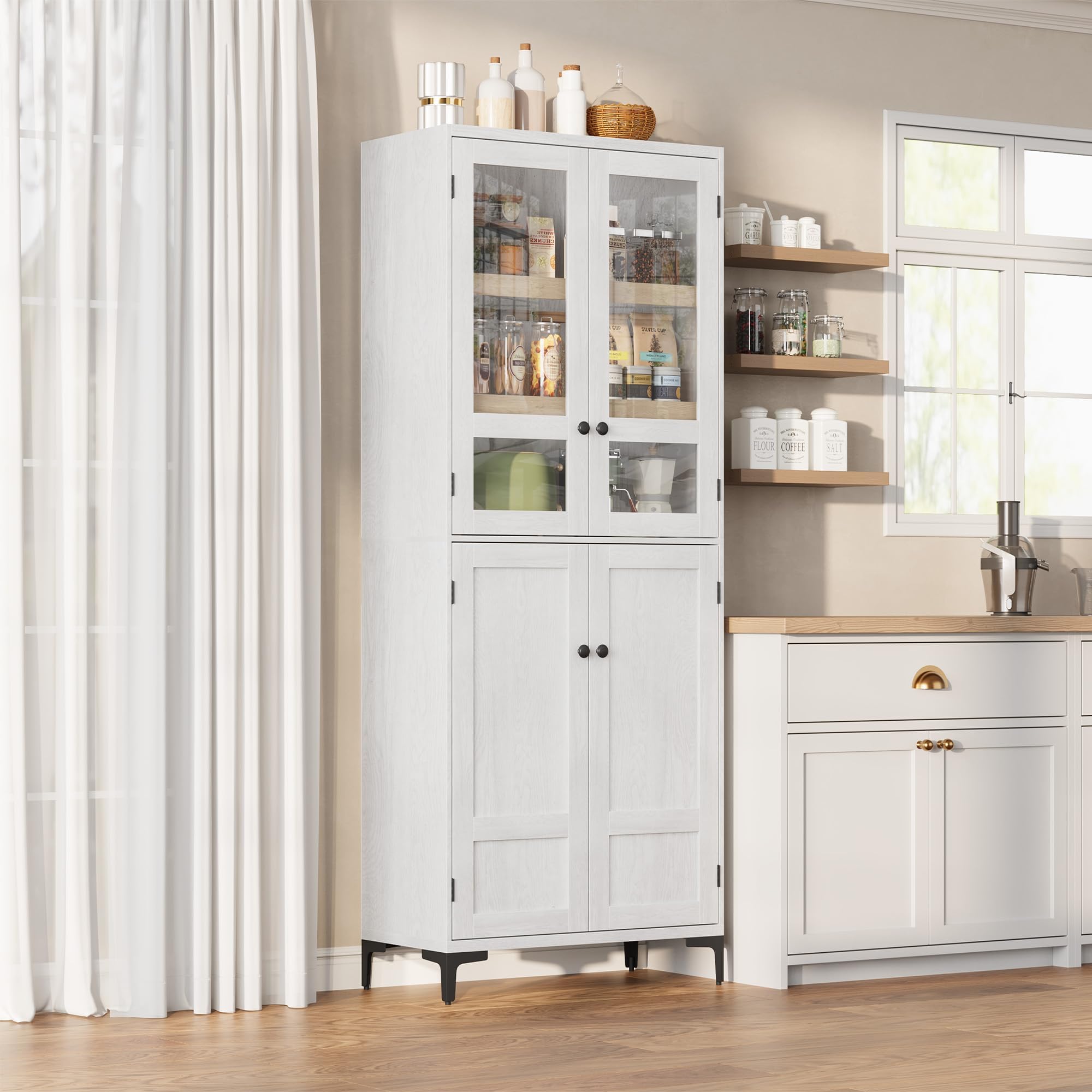 Mobile credenza ingresso alto 180 cm - 5 ripiani regolabili, ante in vetro - Armadio dispensa multiuso per cucina e bagno - Finitura bianco antico con interno legno naturale - Ante in vetro,
