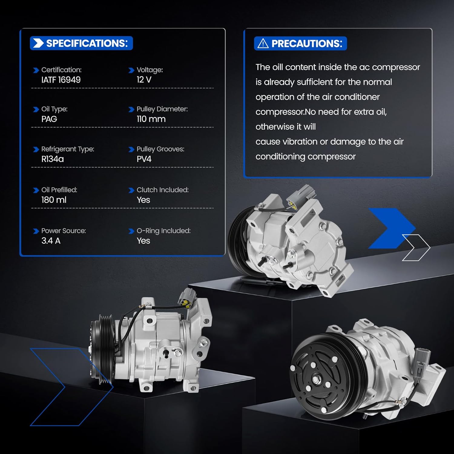 1011063 Air Conditioning A/C Compressor with Clutch Compatible with Toyota Echo L4 1.5L GAS, 2000-2005