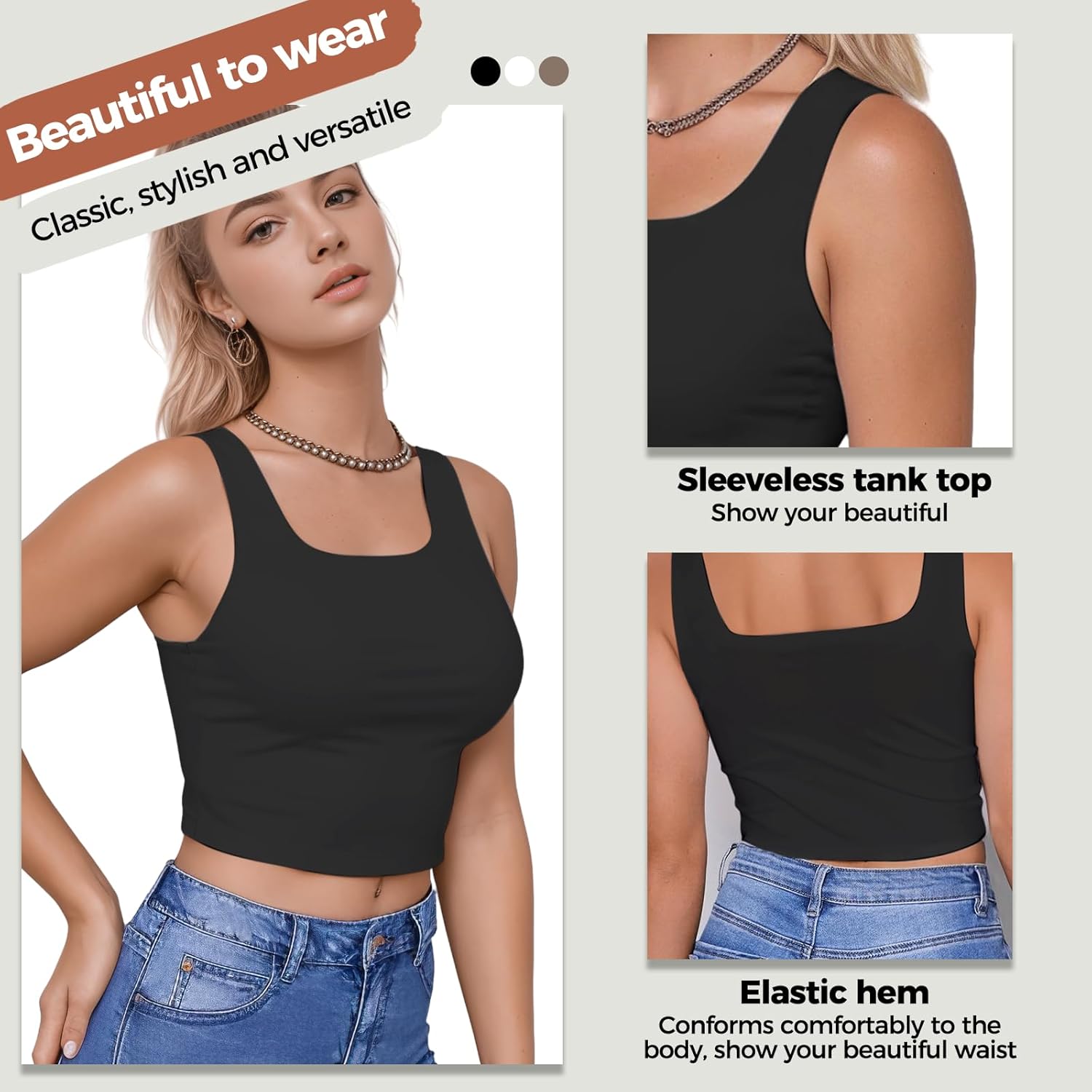 AURUZA Women's Crop Tops, Double Lined U-Neck Basic Workout Tank Tops, Sleeveless Black 2XL - Image 5