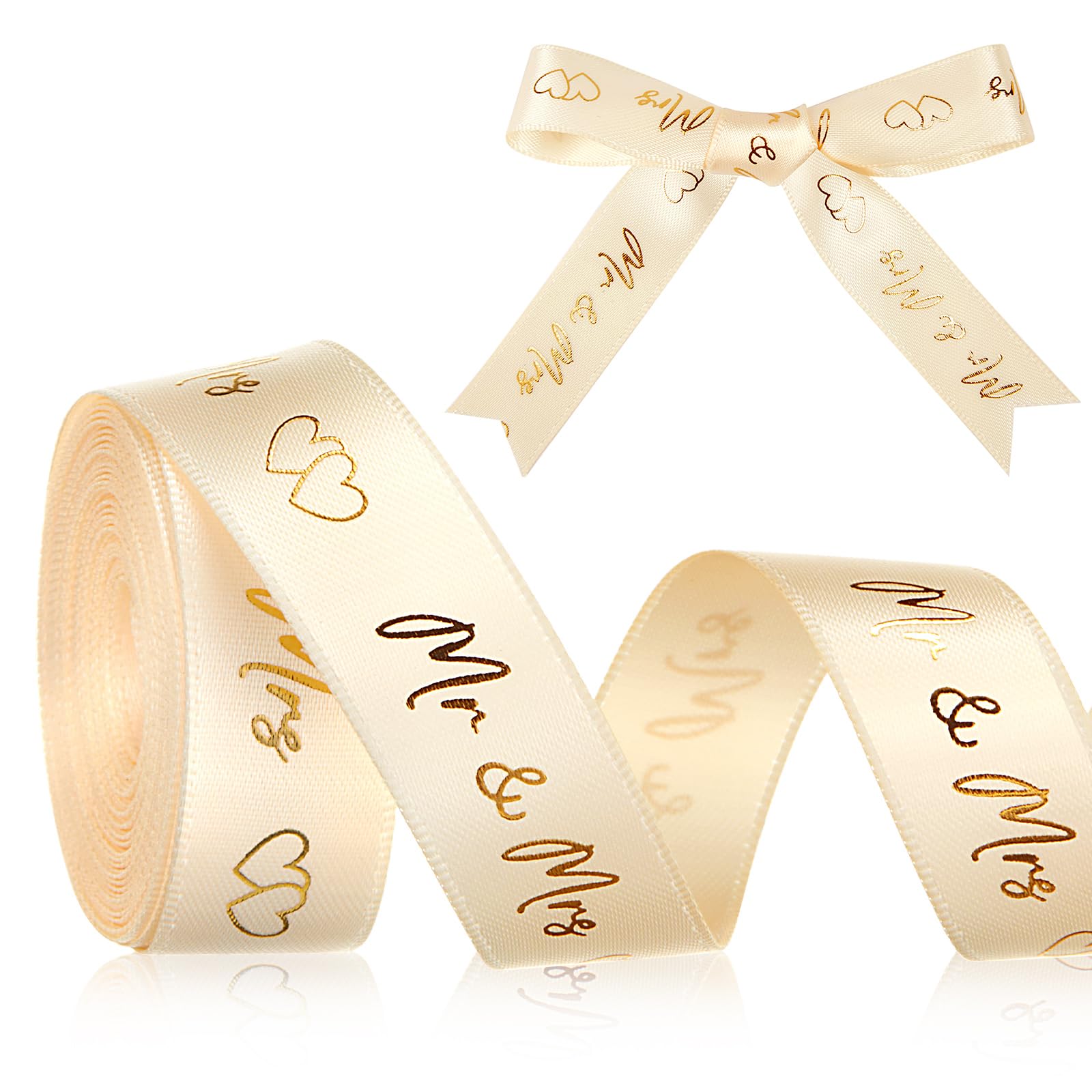 Xinnun 5 Yard Mr & Mrs Wedding Ribbon 15 mm Wide Elegant Wedding Ribbon for Gift Wrapping, Cake Decoration Flower Packaging (Gold) — image 1