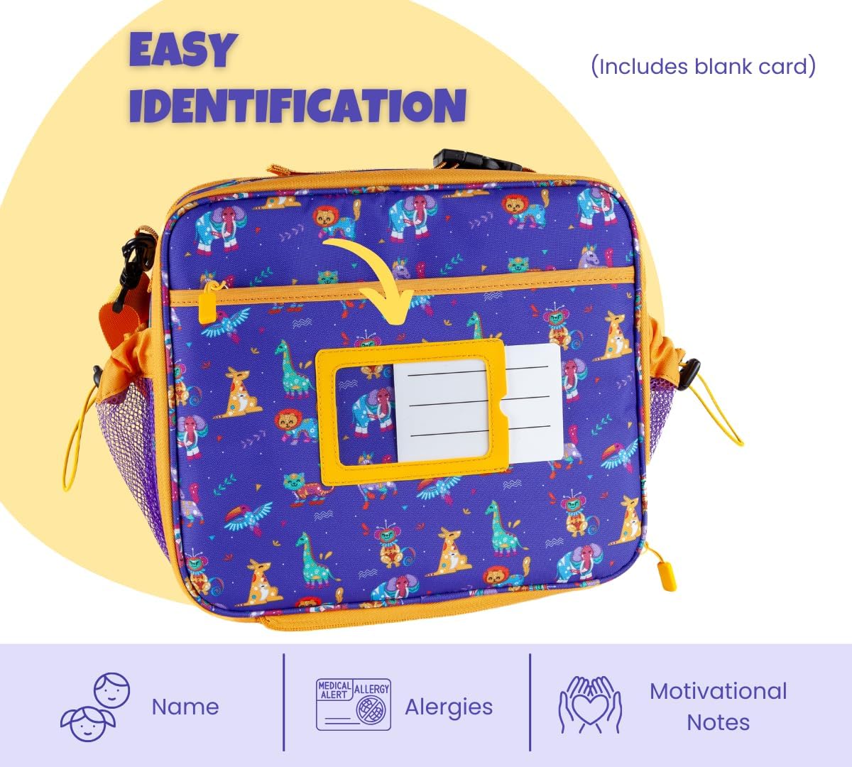 Kids Lunch Bag with Name Tag - Expandable, Insulated Lunch Bag for School & Daycare; Holds Lunch box, Water Bottle & Snacks; Waterproof & Multiple Zippered Pockets (Animals)
