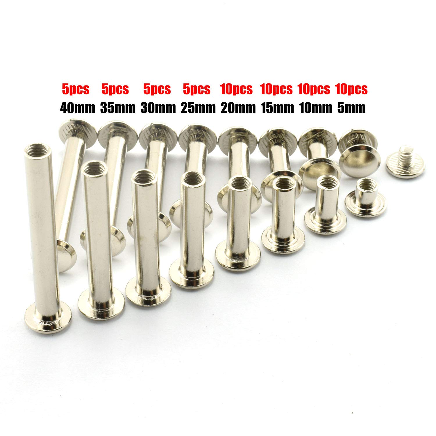 60 Sets Silver Chicago Screws Assorted Kit Screw Posts Metal Accessories Nail Rivet Chicago Button for DIY Leather Decoration Bookbinding Slotted Flat Head Stud Screw M5x 5/10/15/20/25/30/35/40mm