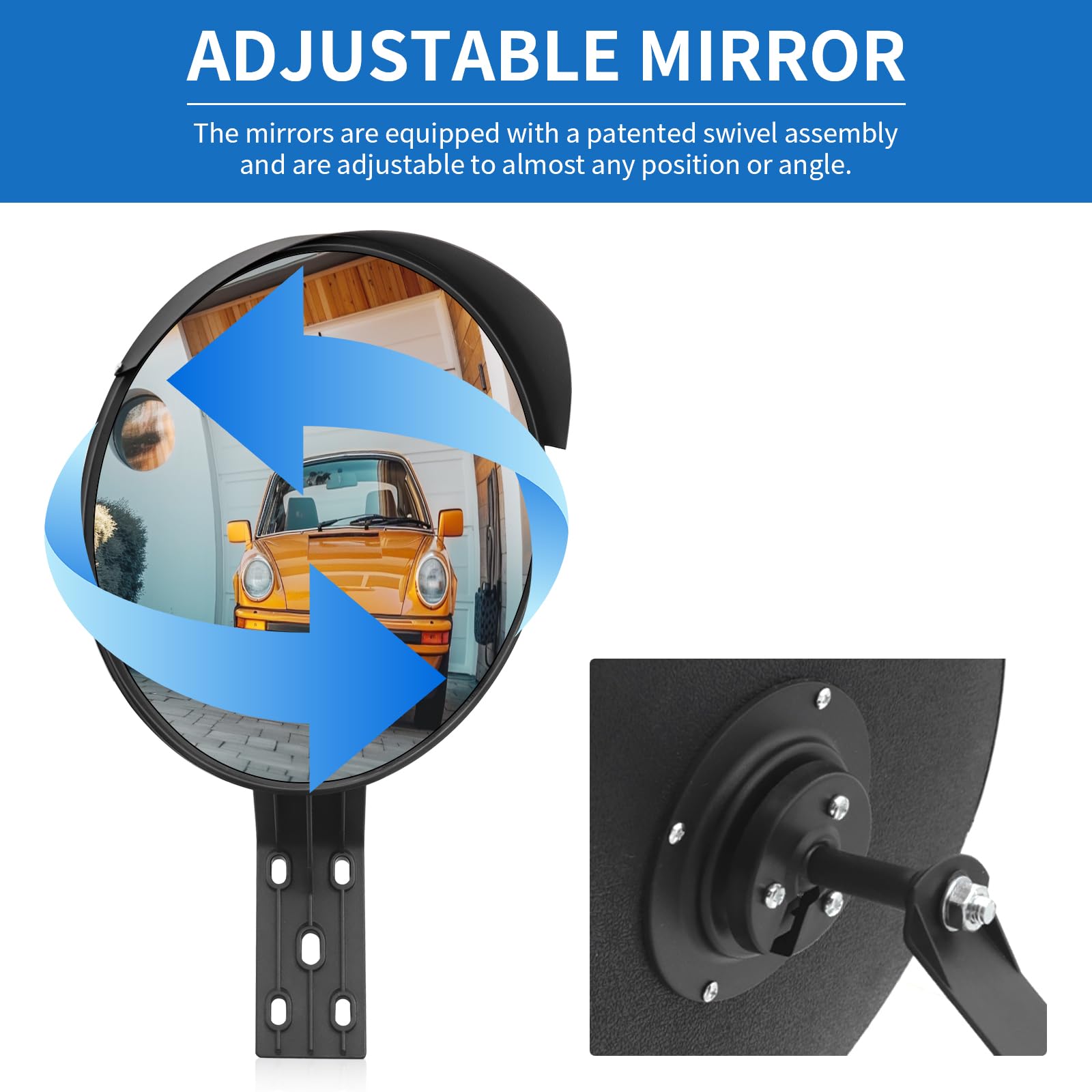 Miroir d'allée convexe avec miroir d'angle mort de bord, grand angle avec support de fixation réglable Miroir de sécurité incurvé (support extérieur et intérieur)